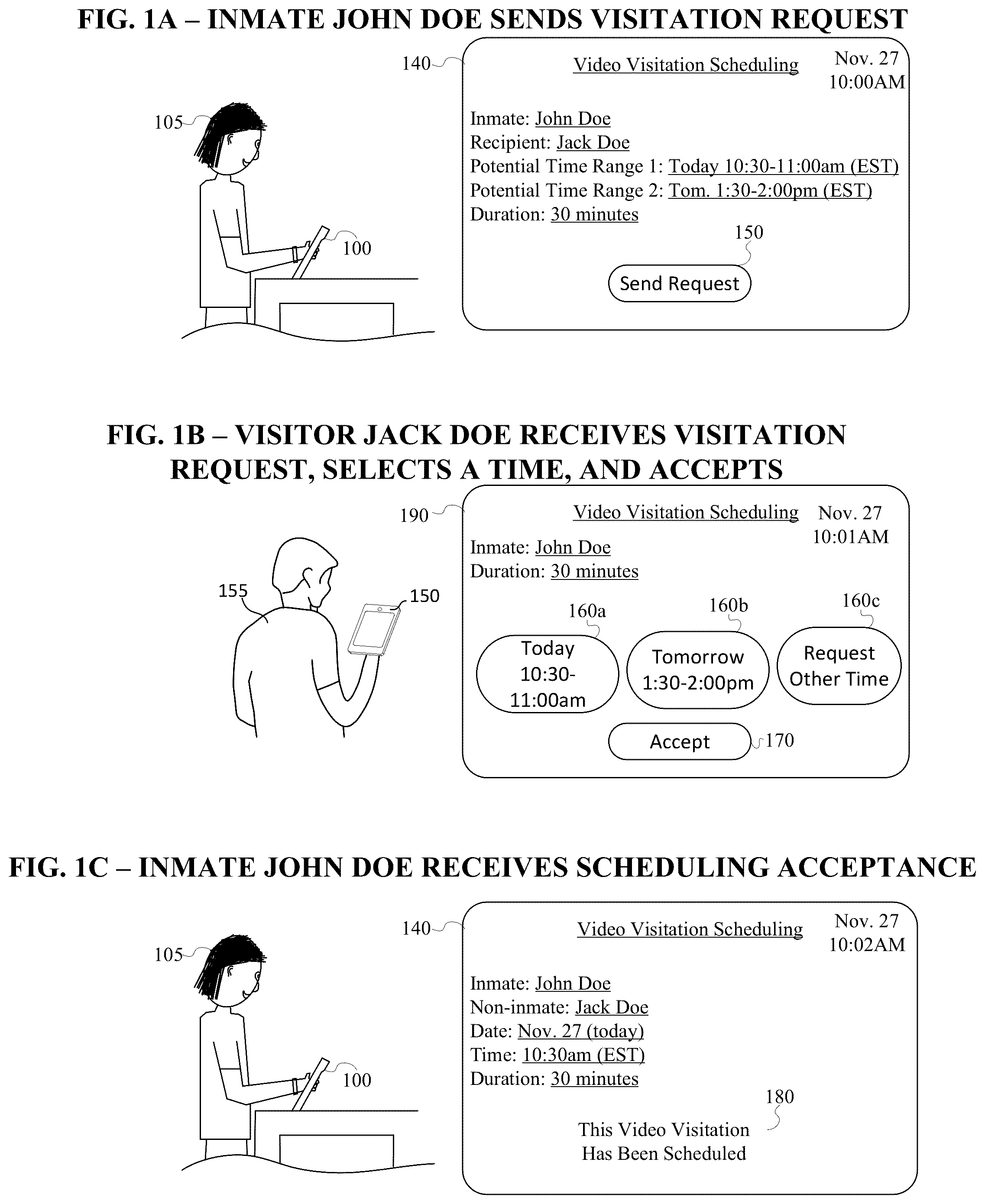 Patent US12375539 Figure 1 – Inmate communication system with flexible video visitation scheduling