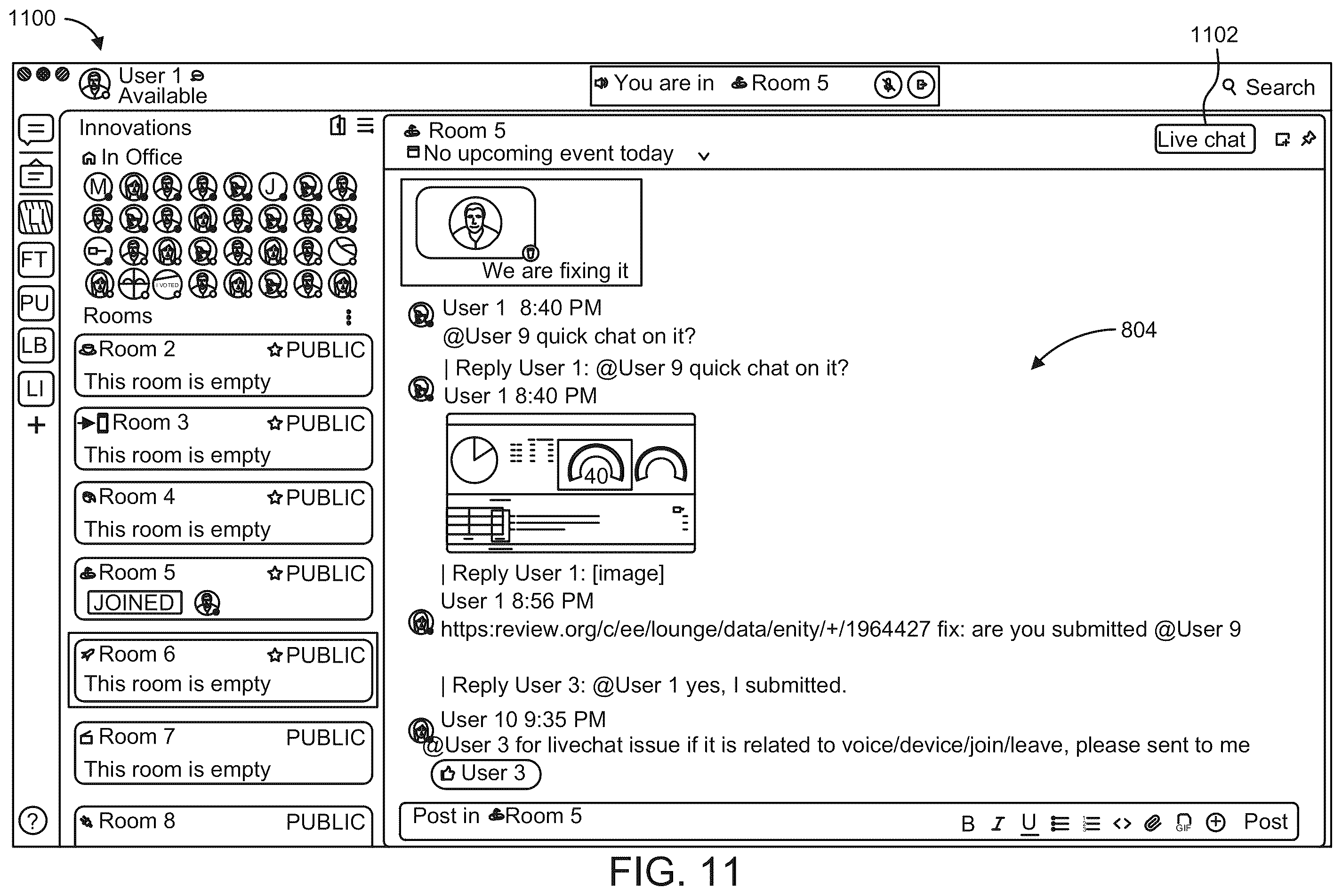 Patent US12375623 Figure 11 – Methods and systems for facilitating a collaborative work environment
