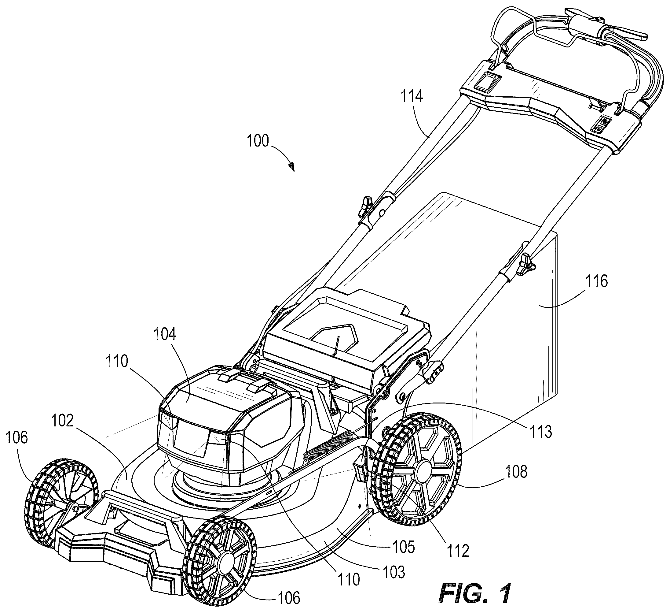 Patent US12376514 Figure 1 – Walk-behind mower with wide angle illumination