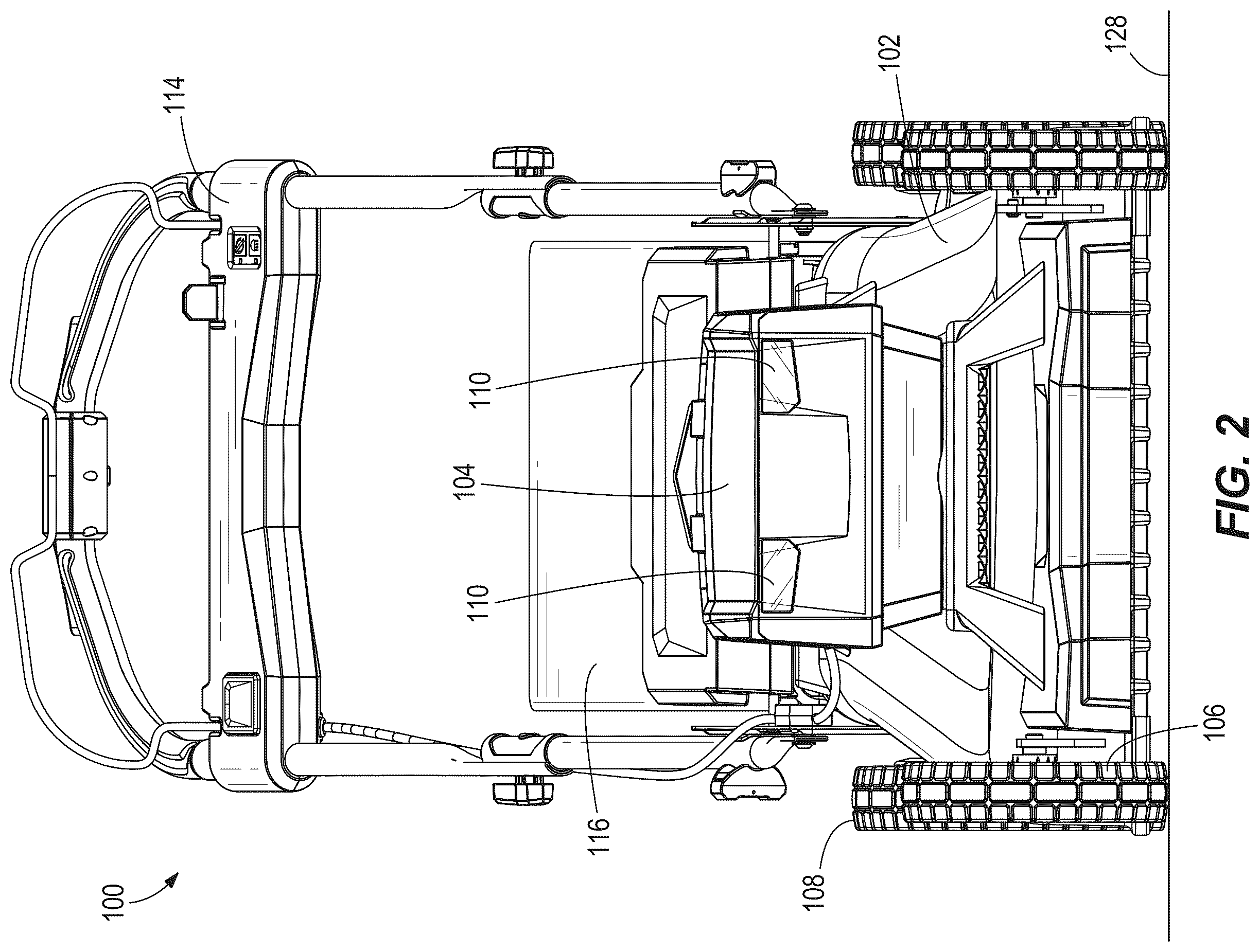 Patent US12376514 Figure 2 – Walk-behind mower with wide angle illumination