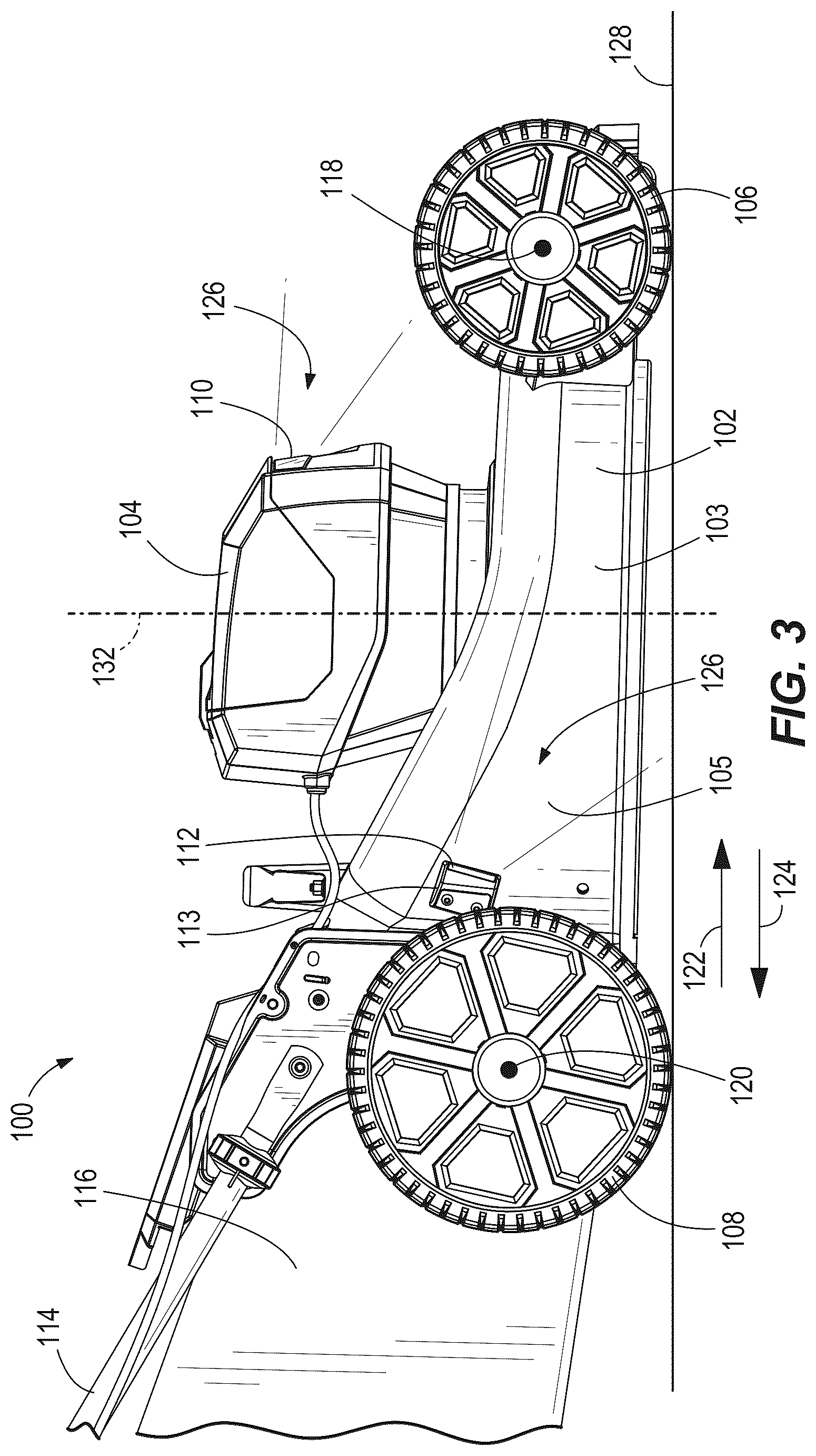 Patent US12376514 Figure 3 – Walk-behind mower with wide angle illumination