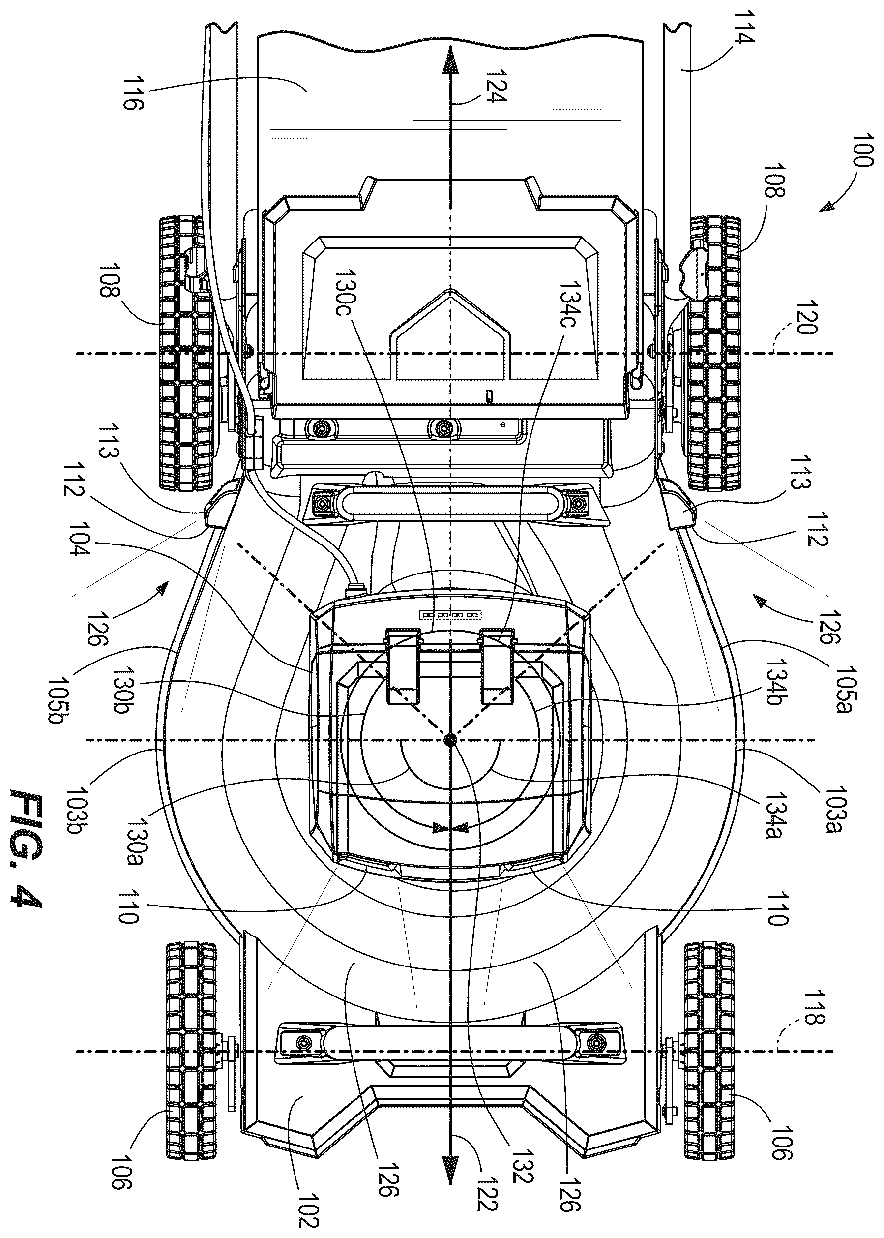 Patent US12376514 Figure 4 – Walk-behind mower with wide angle illumination
