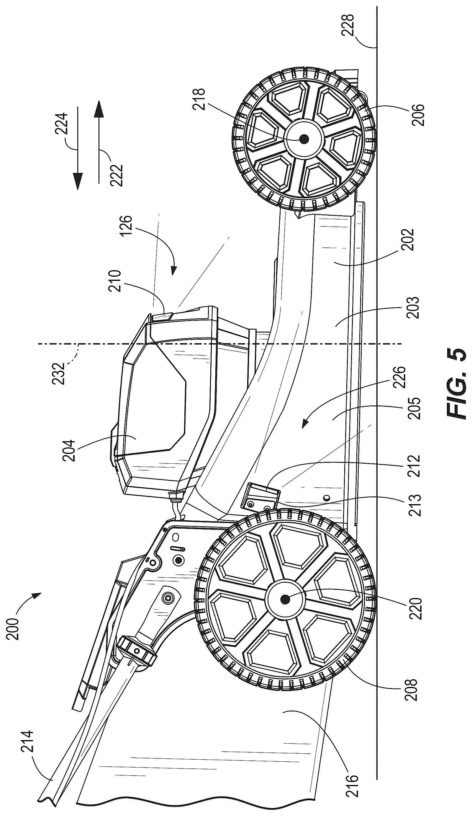 Patent US12376514 Figure 5 – Walk-behind mower with wide angle illumination