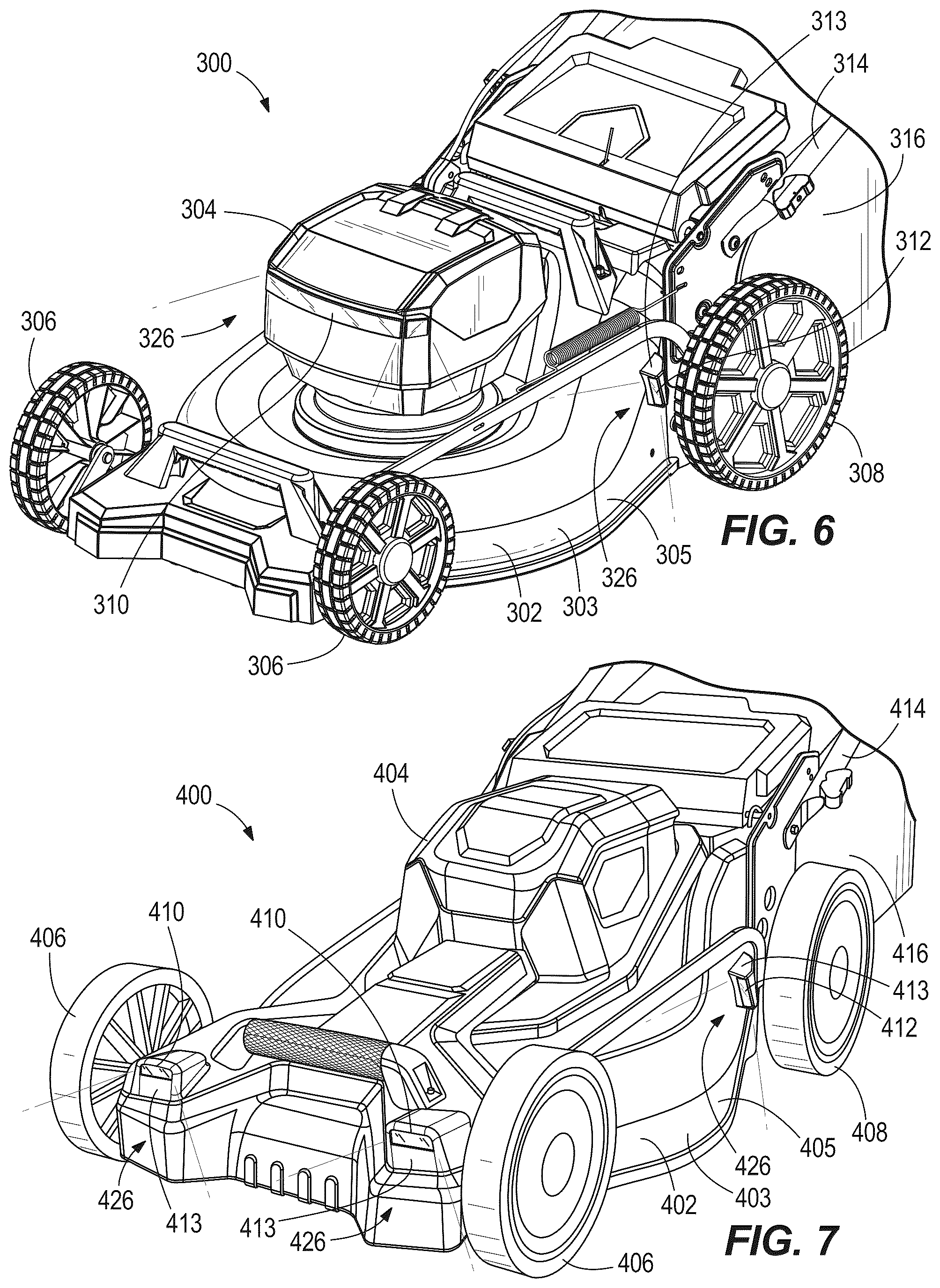 Patent US12376514 Figure 6 – Walk-behind mower with wide angle illumination