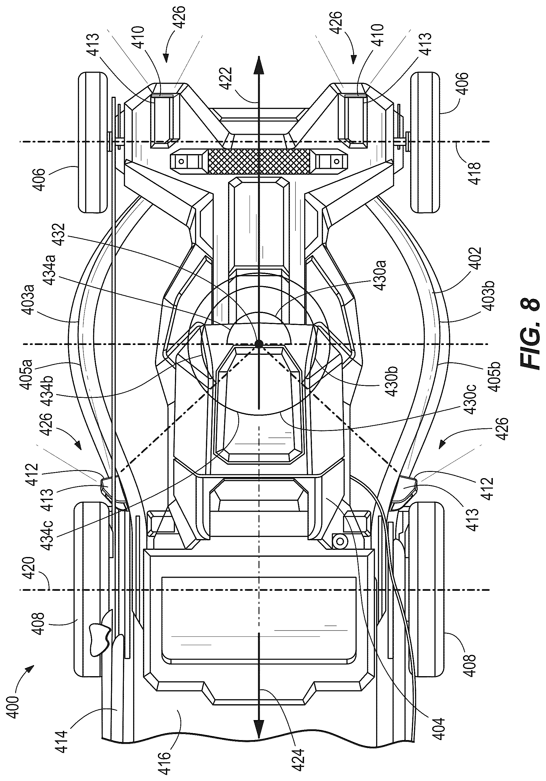 Patent US12376514 Figure 7 – Walk-behind mower with wide angle illumination