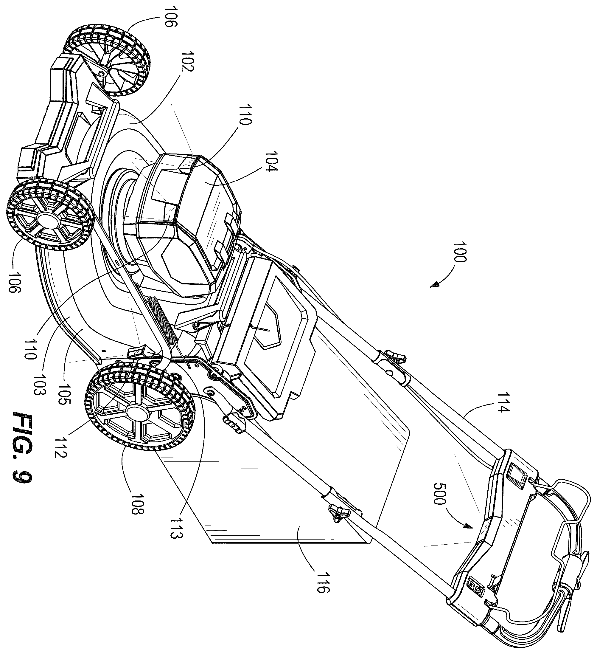 Patent US12376514 Figure 8 – Walk-behind mower with wide angle illumination