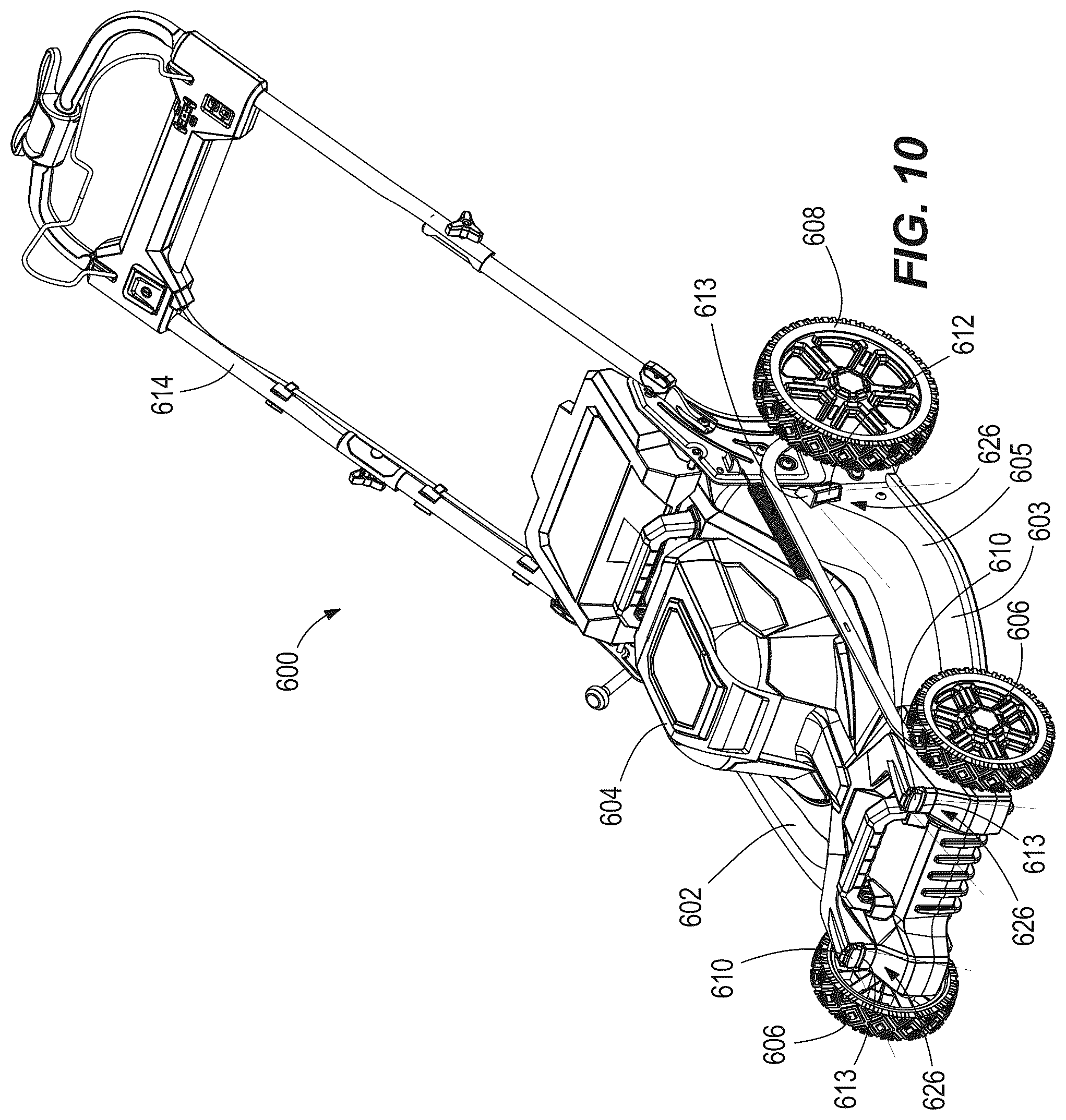 Patent US12376514 Figure 9 – Walk-behind mower with wide angle illumination