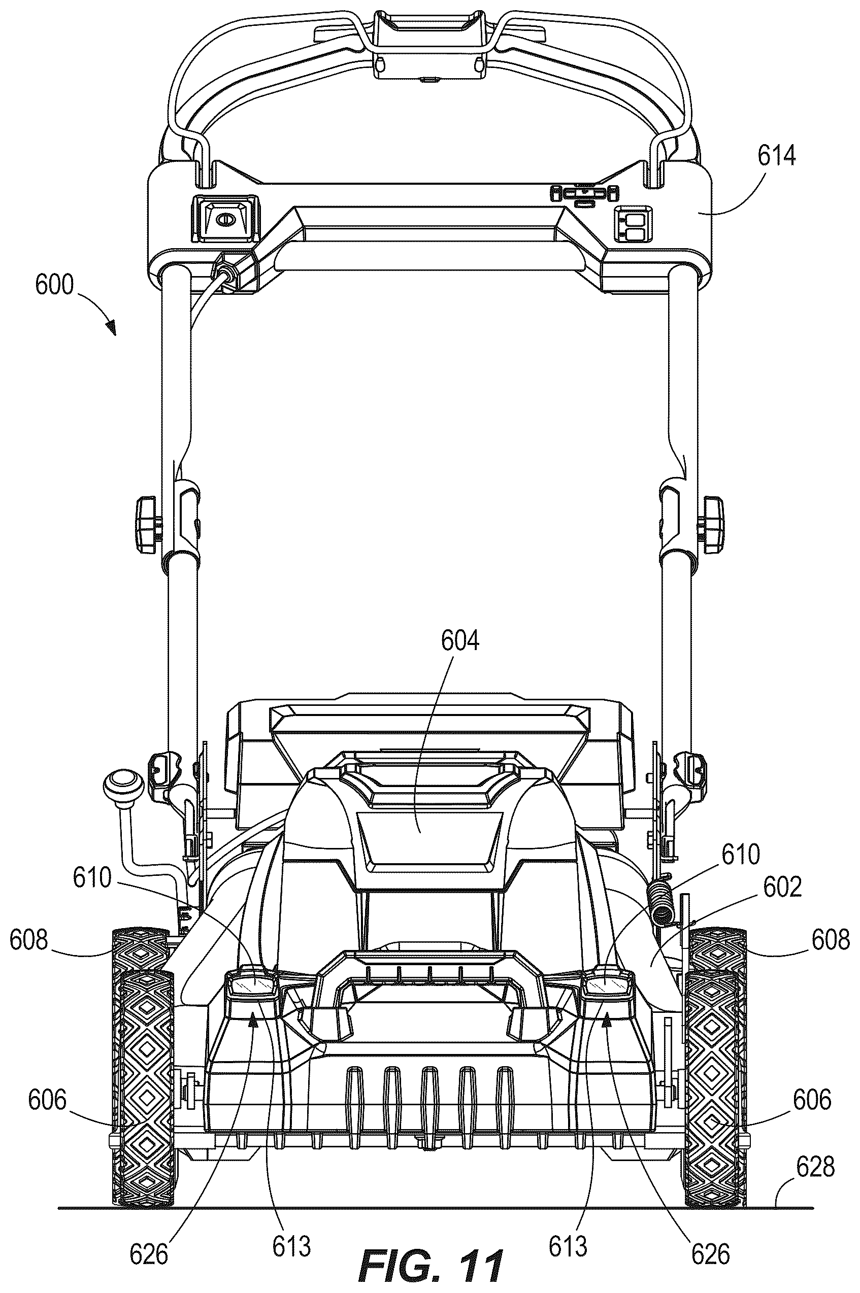 Patent US12376514 Figure 10 – Walk-behind mower with wide angle illumination