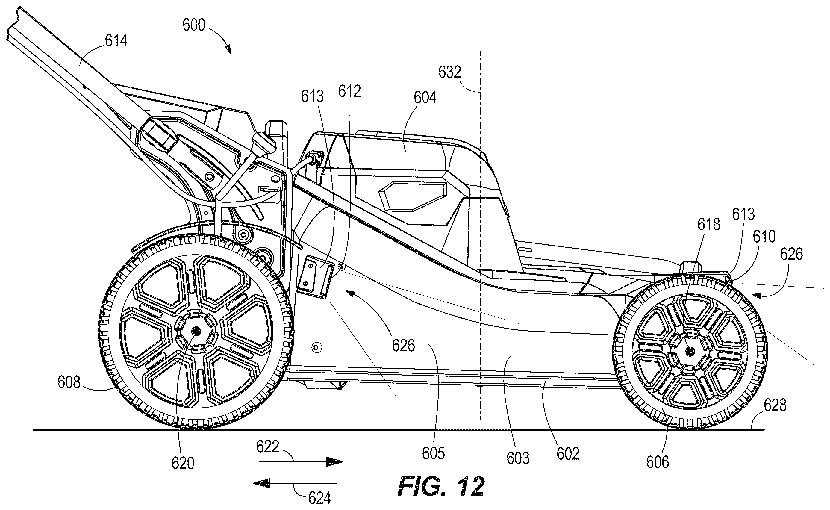 Patent US12376514 Figure 11 – Walk-behind mower with wide angle illumination