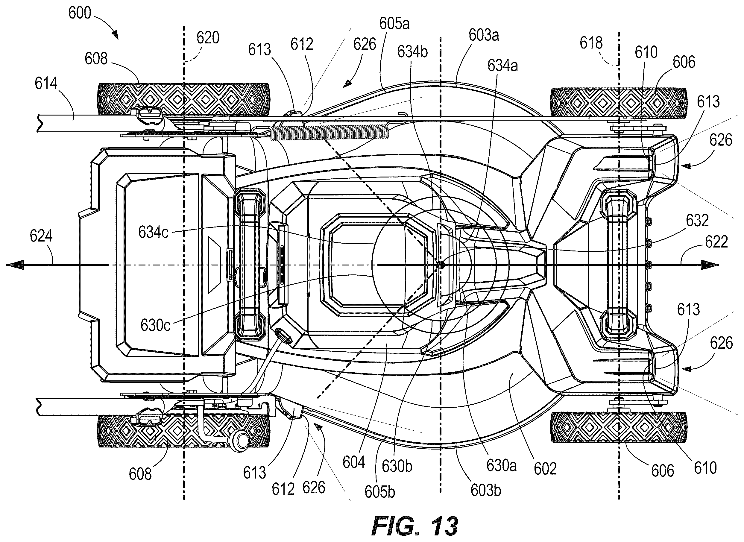 Patent US12376514 Figure 12 – Walk-behind mower with wide angle illumination