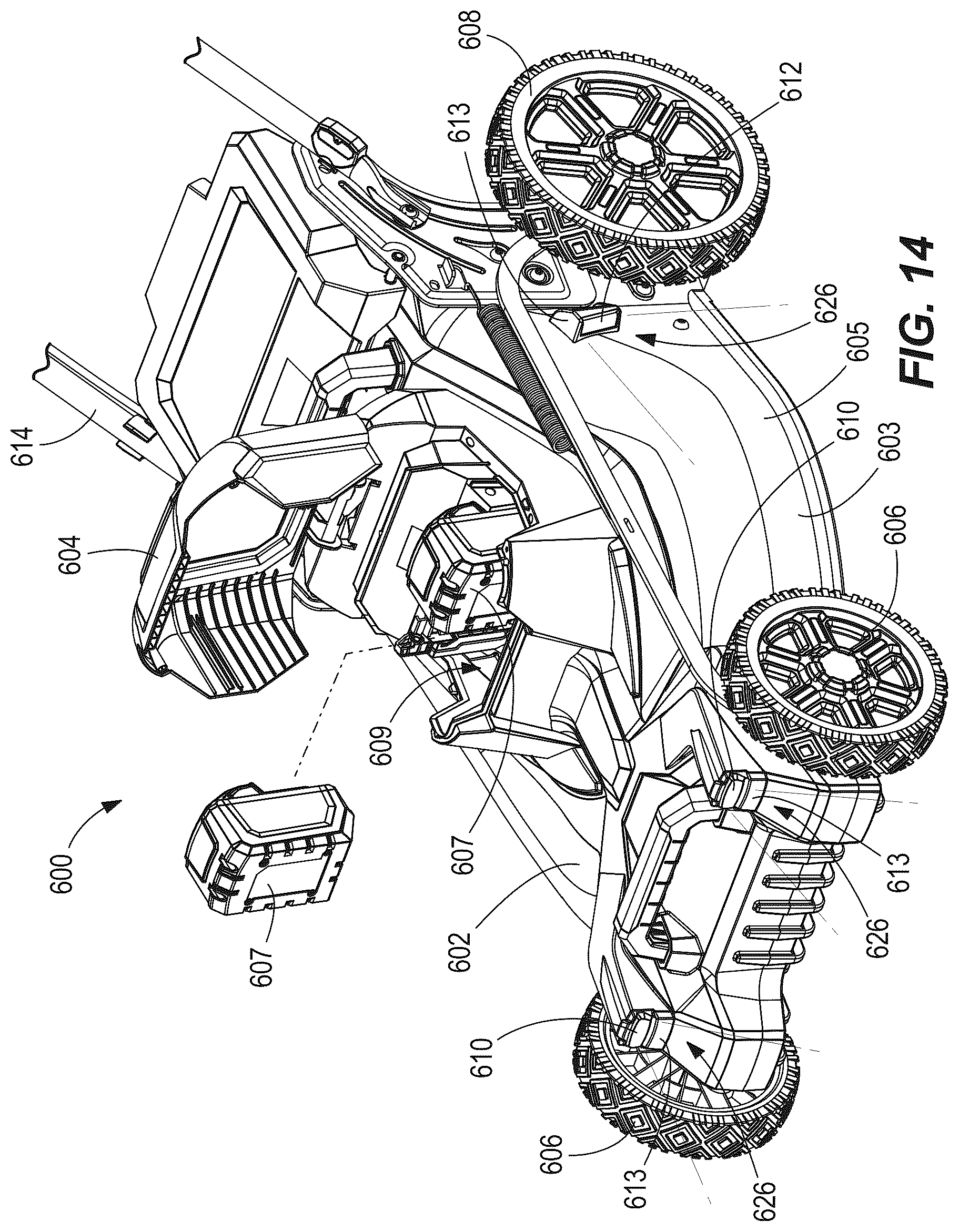Patent US12376514 Figure 13 – Walk-behind mower with wide angle illumination