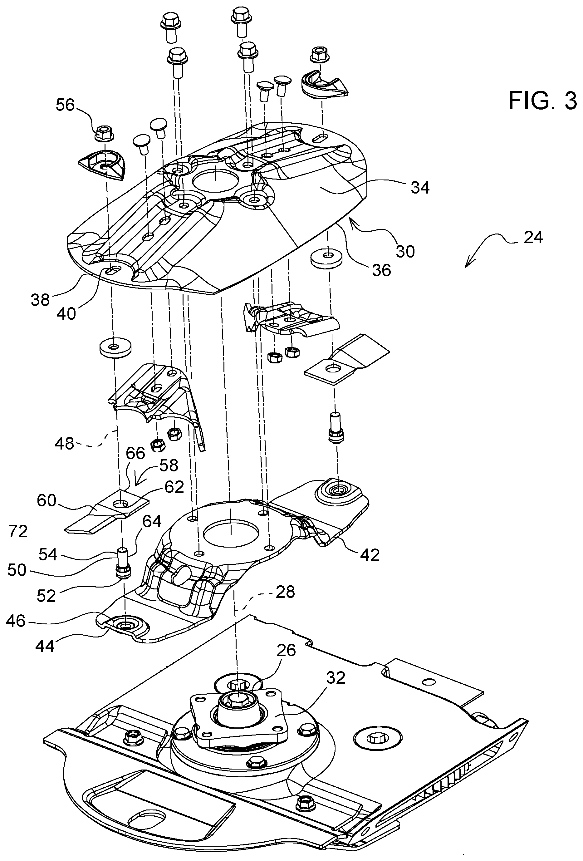 Patent US12376519 Figure 3 – Quick change blade for a rotating blade assembly of a mower implement