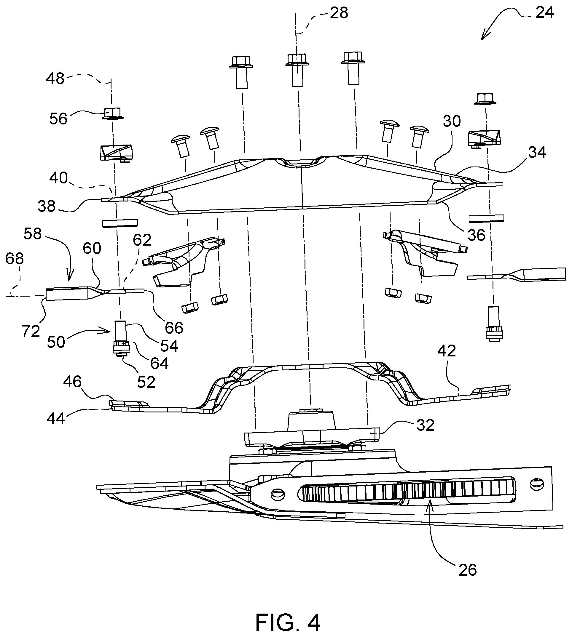 Patent US12376519 Figure 4 – Quick change blade for a rotating blade assembly of a mower implement