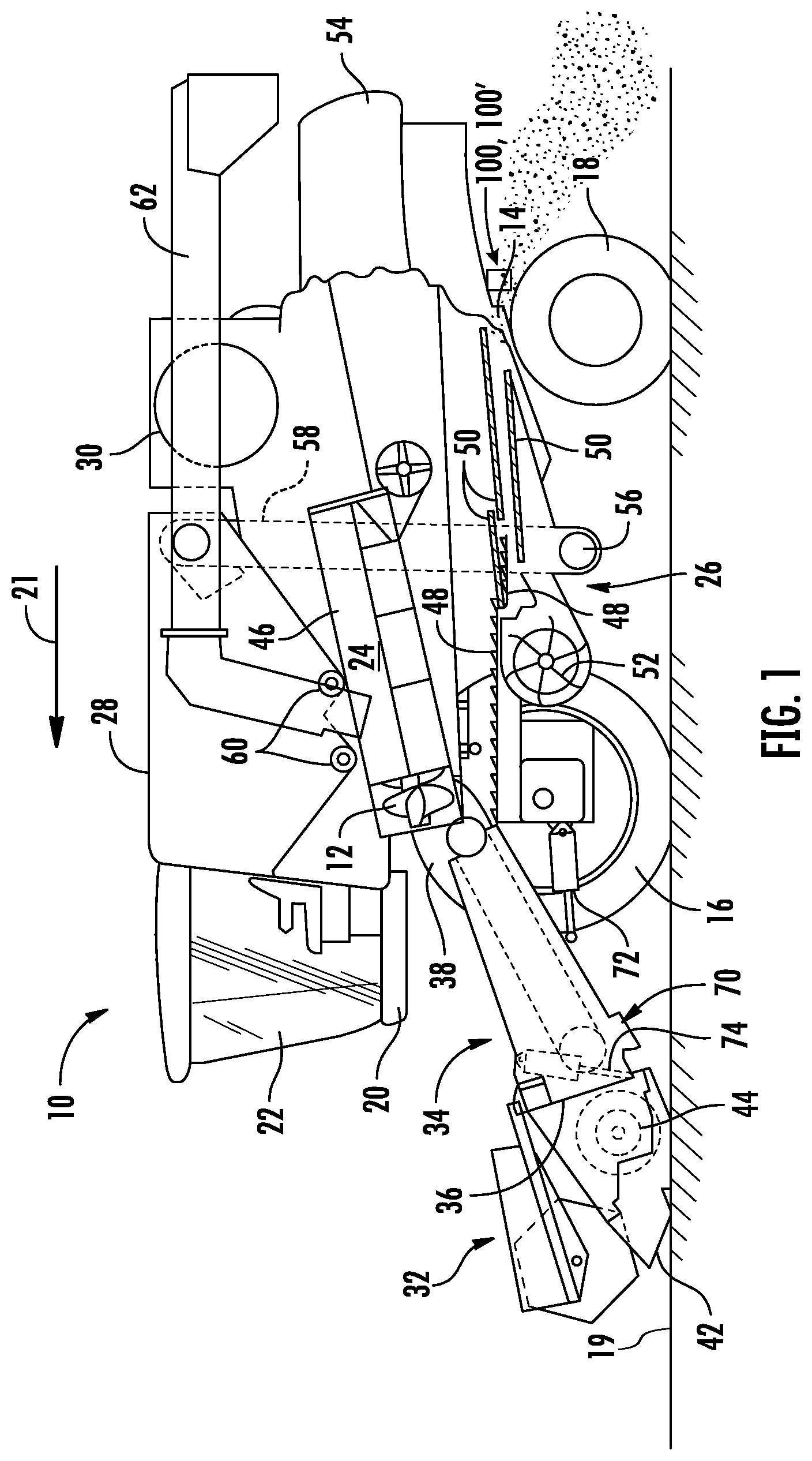 Patent US12376521 Figure 1 – Agricultural system and method for determining crop loss of an agricultural harvester
