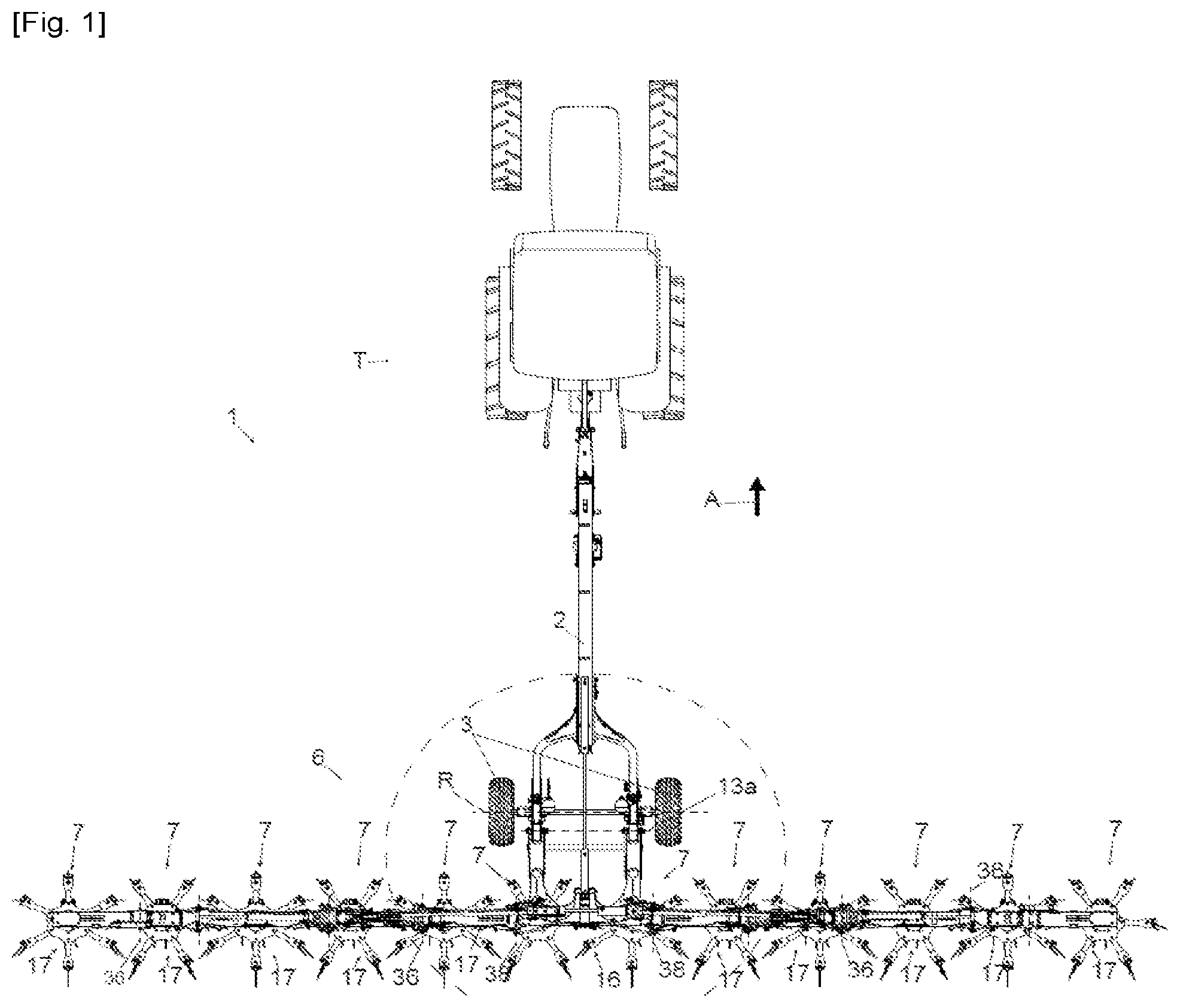 Patent US12376525 Figure 1 – Simplified haymaking machine with a carrier