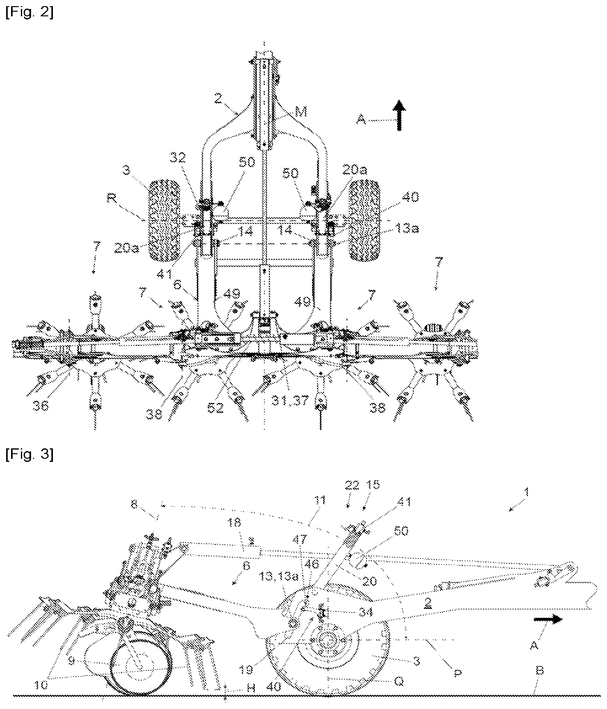 Patent US12376525 Figure 2 – Simplified haymaking machine with a carrier