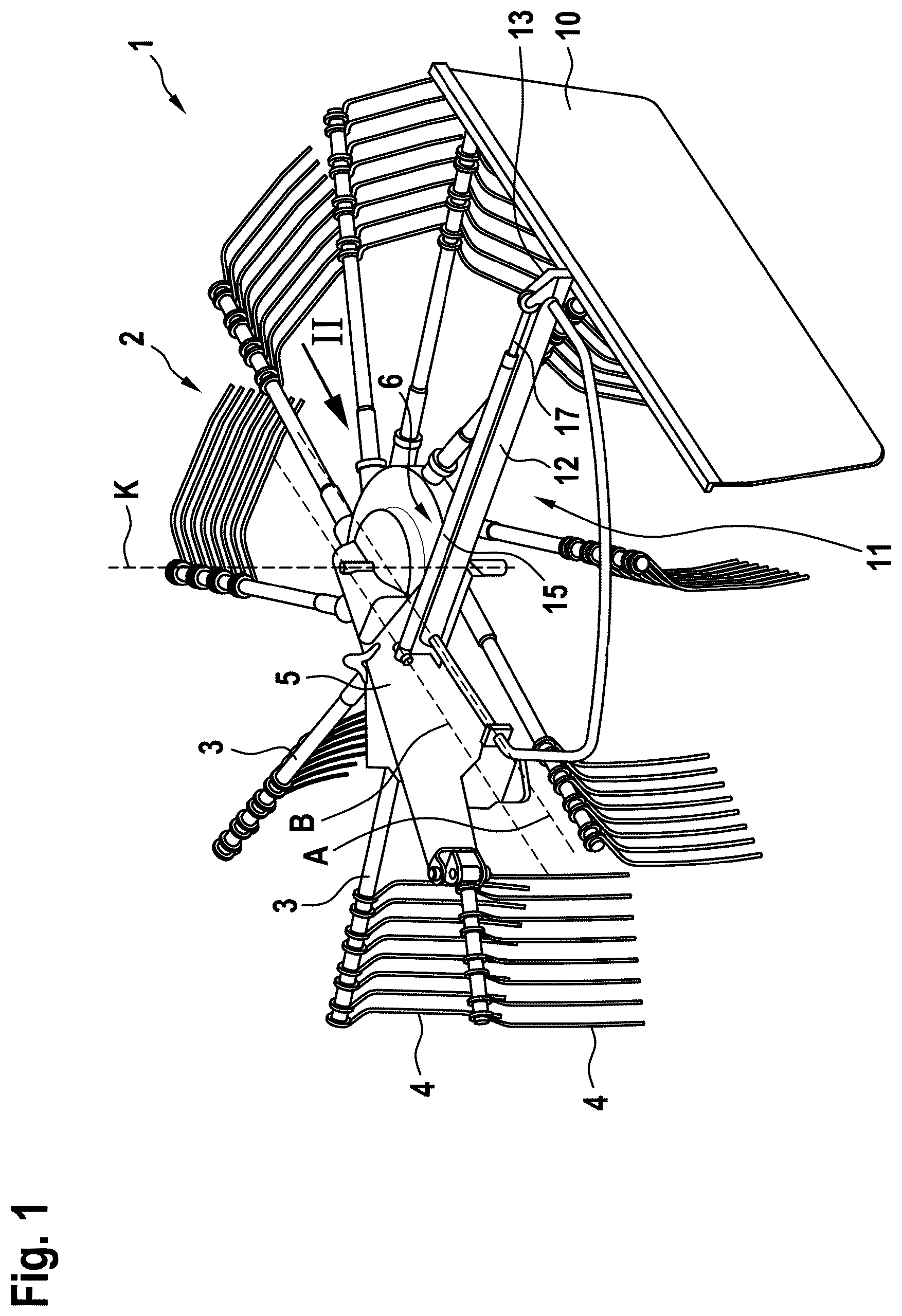 Patent US12376526 Figure 1 – Haymaking machine with catching element