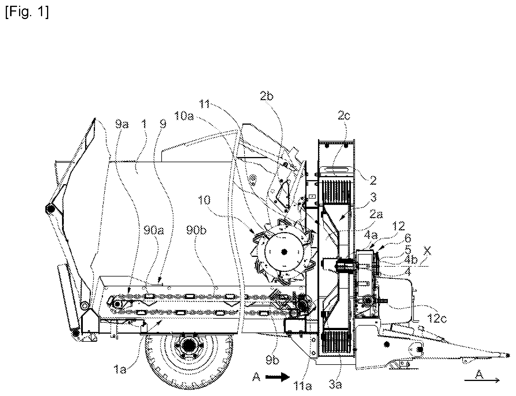Patent US12376560 Figure 1 – Agricultural machine for distributing products for animal feeding and/or straw bedding