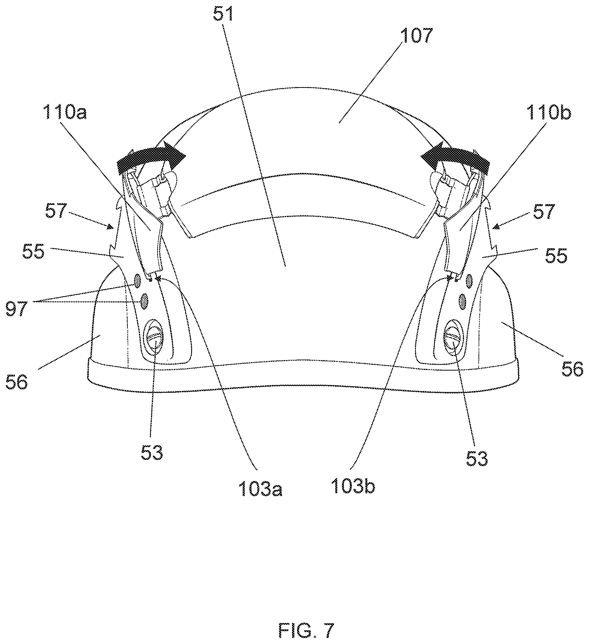 Patent US12376639 Figure 8 – Hinged attachment of headgear to a helmet