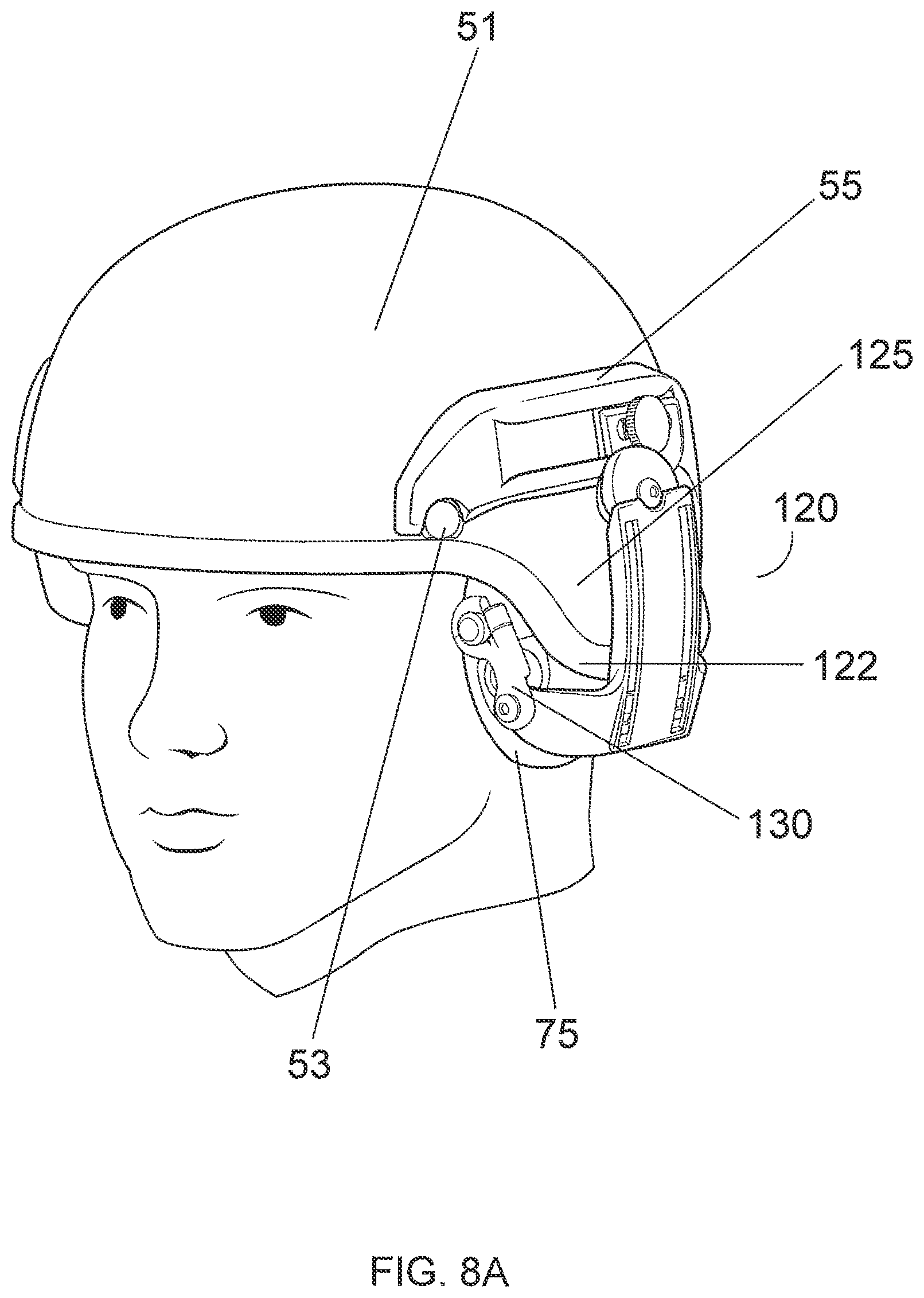 Patent US12376639 Figure 9 – Hinged attachment of headgear to a helmet