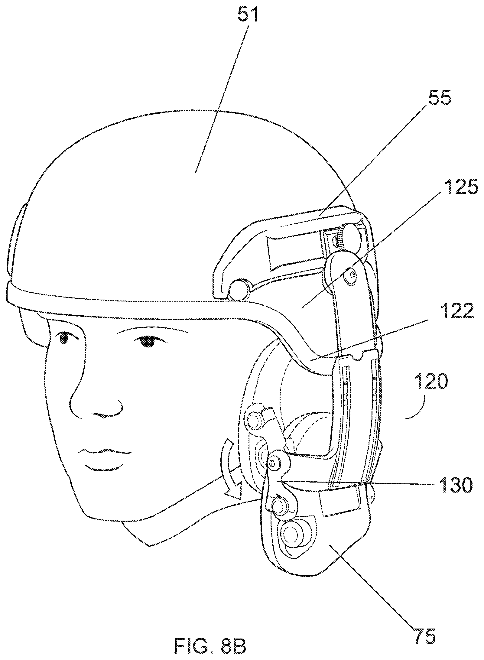 Patent US12376639 Figure 10 – Hinged attachment of headgear to a helmet