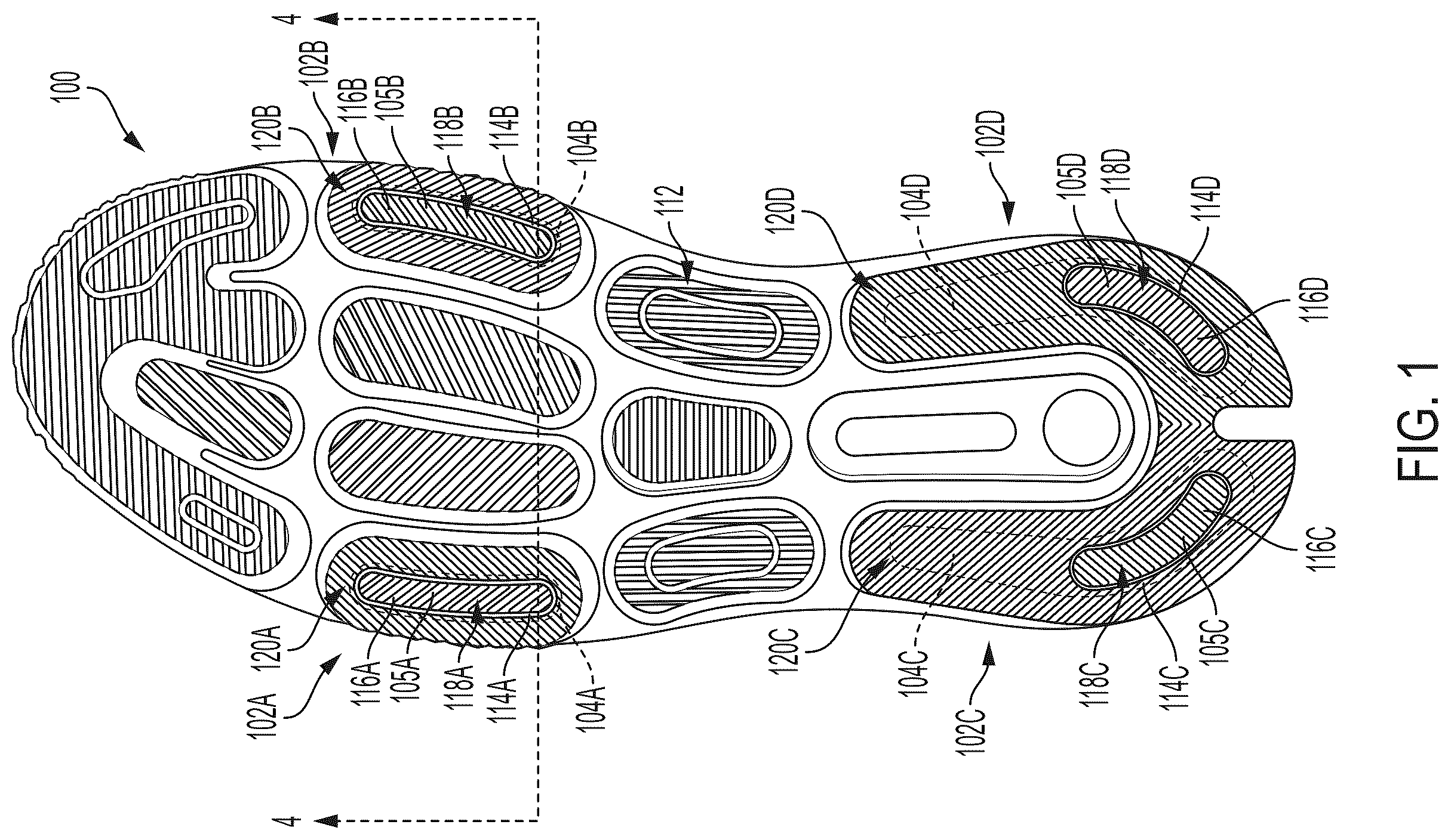 Patent US12376645 Figure 1 – Outsoles having traction inserts