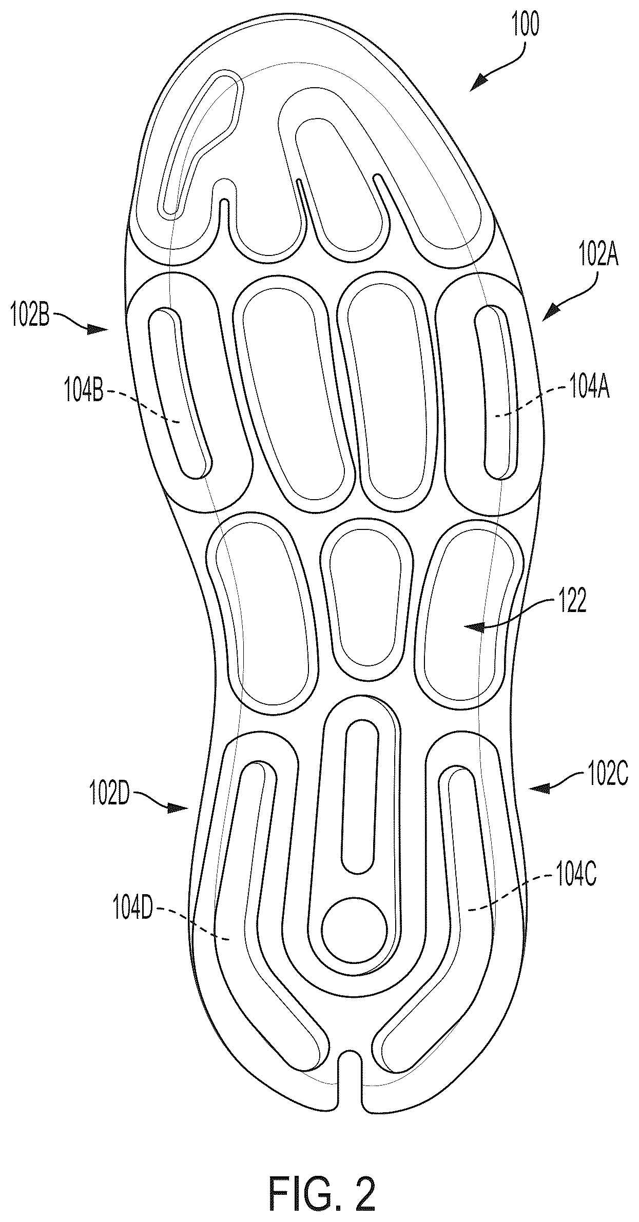 Patent US12376645 Figure 2 – Outsoles having traction inserts
