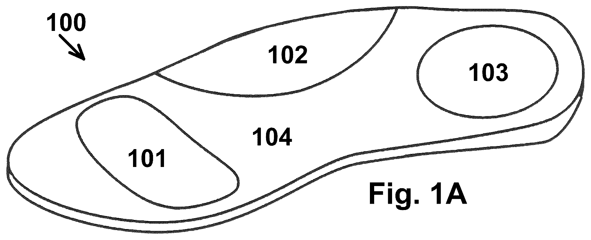 Patent US12376646 Figure 1 – Shoe and footwear with integrated insole or sole having sand-containing chambers and having sensors and electrical stimulation units