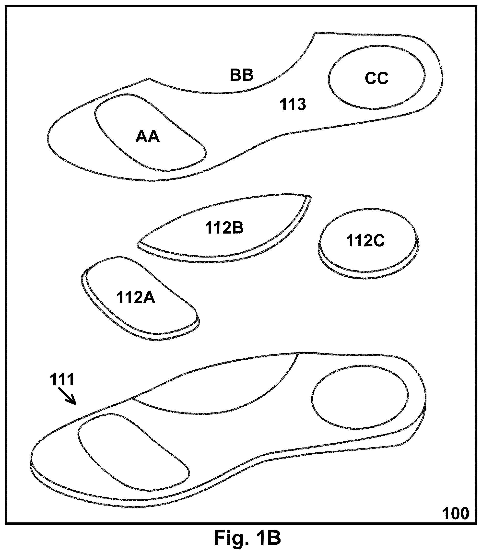 Patent US12376646 Figure 2 – Shoe and footwear with integrated insole or sole having sand-containing chambers and having sensors and electrical stimulation units