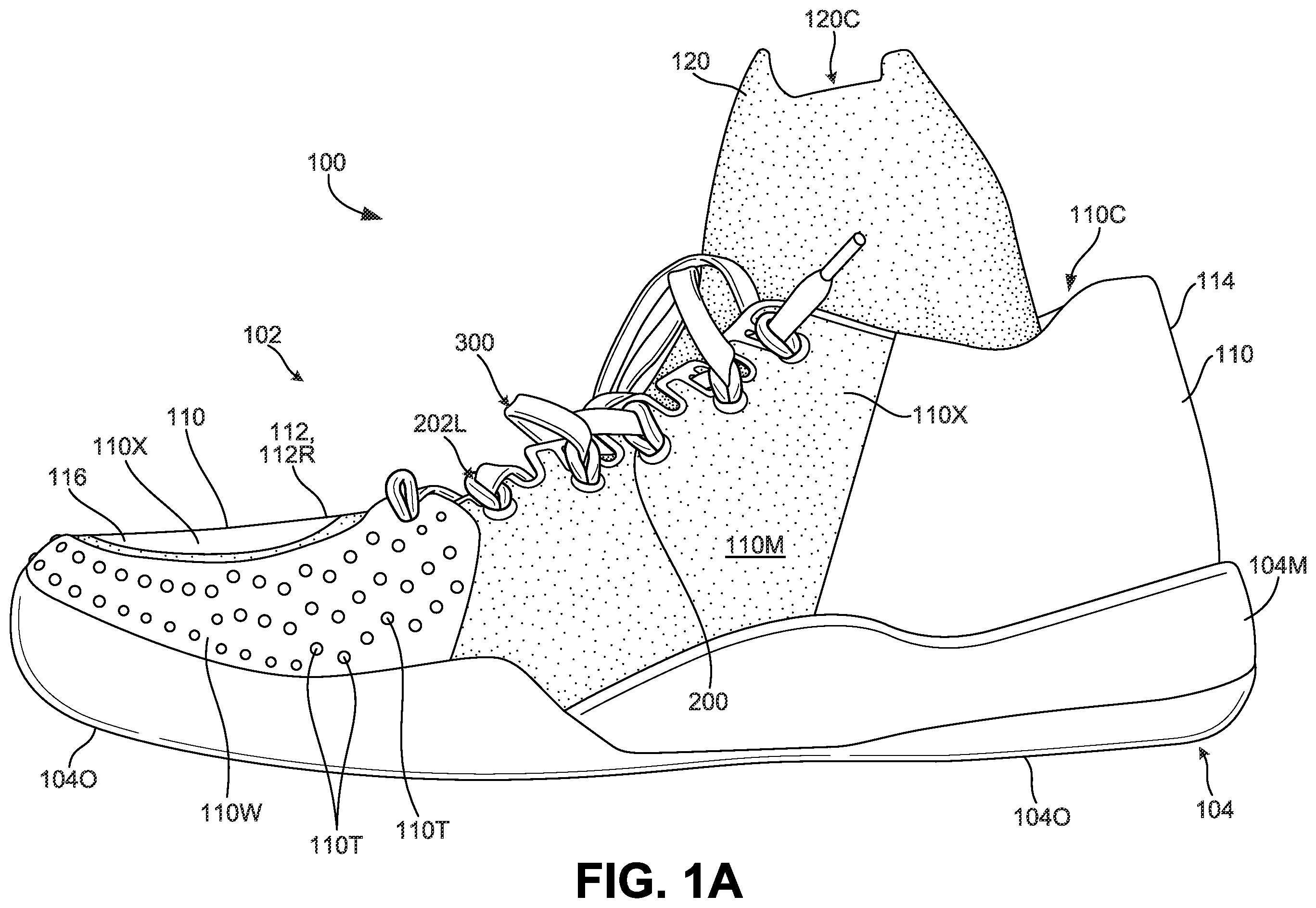 Patent US12376648 Figure 1 – Article of footwear including lace-engaging slots and foot wrapping bands