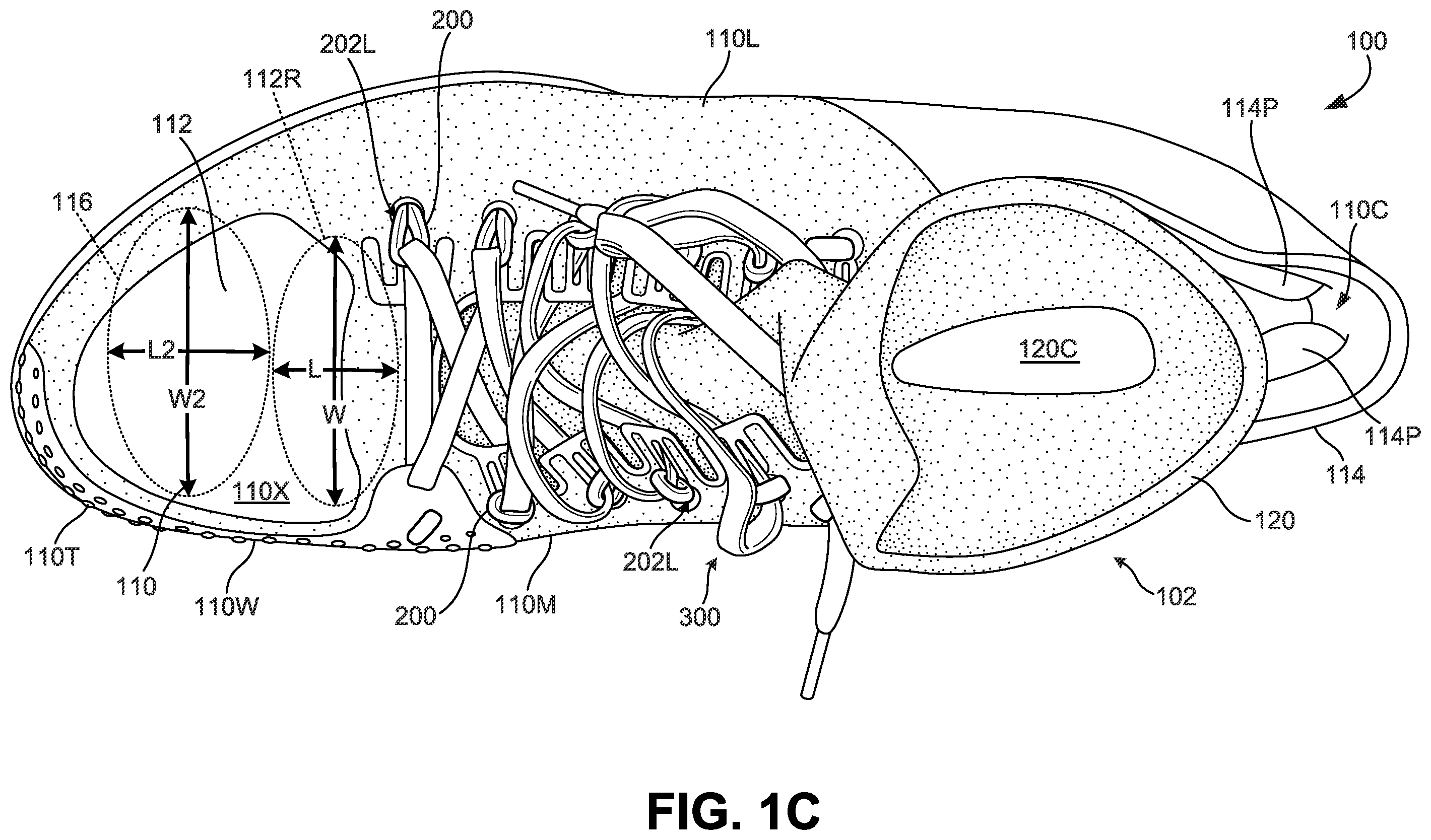 Patent US12376648 Figure 3 – Article of footwear including lace-engaging slots and foot wrapping bands