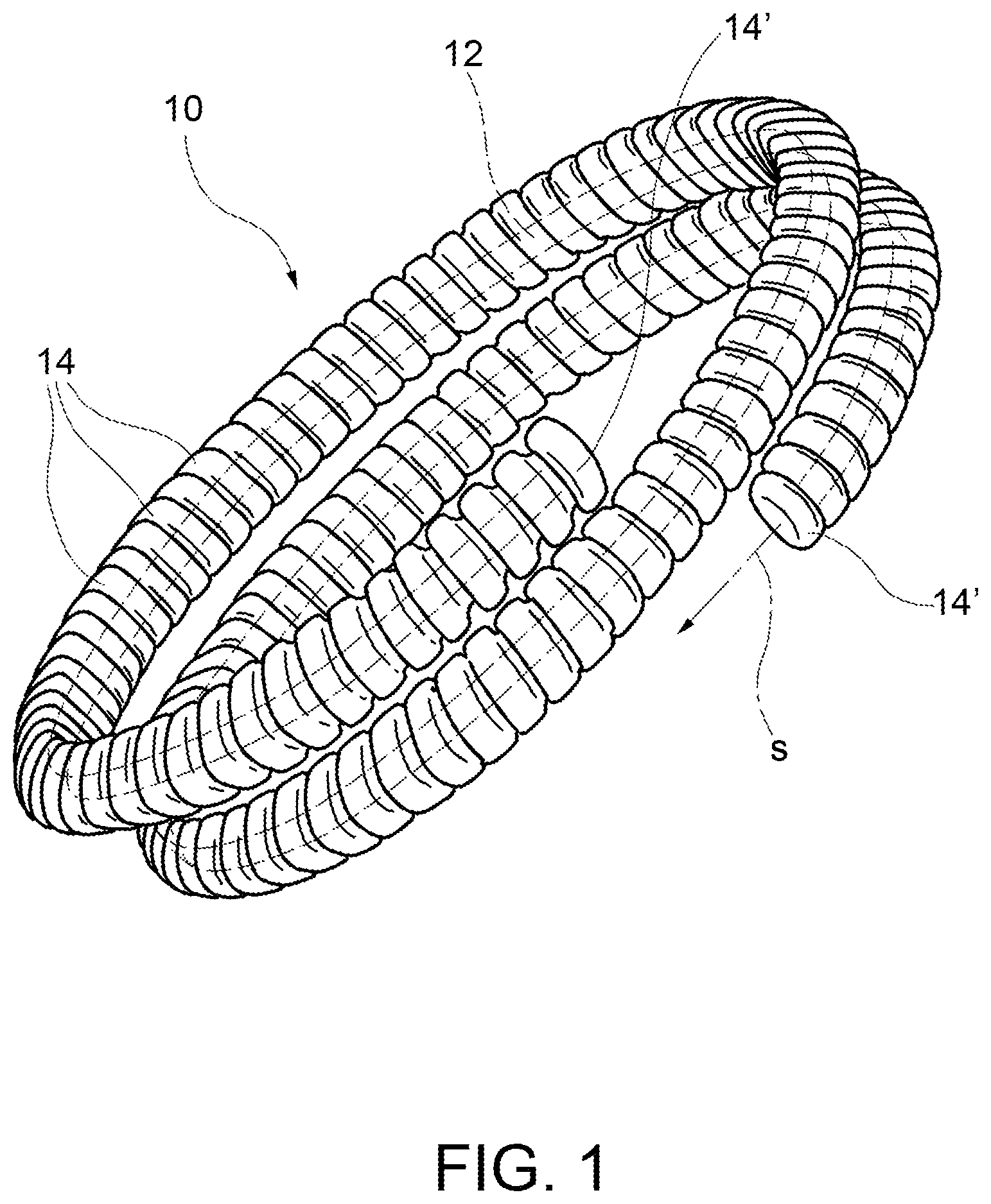 Patent US12376656 Figure 1 – Article of jewelry or costume jewelry comprising a plurality of ornamental elements coupled two by two with at least one shock-absorbing spacer element arranged therebetween