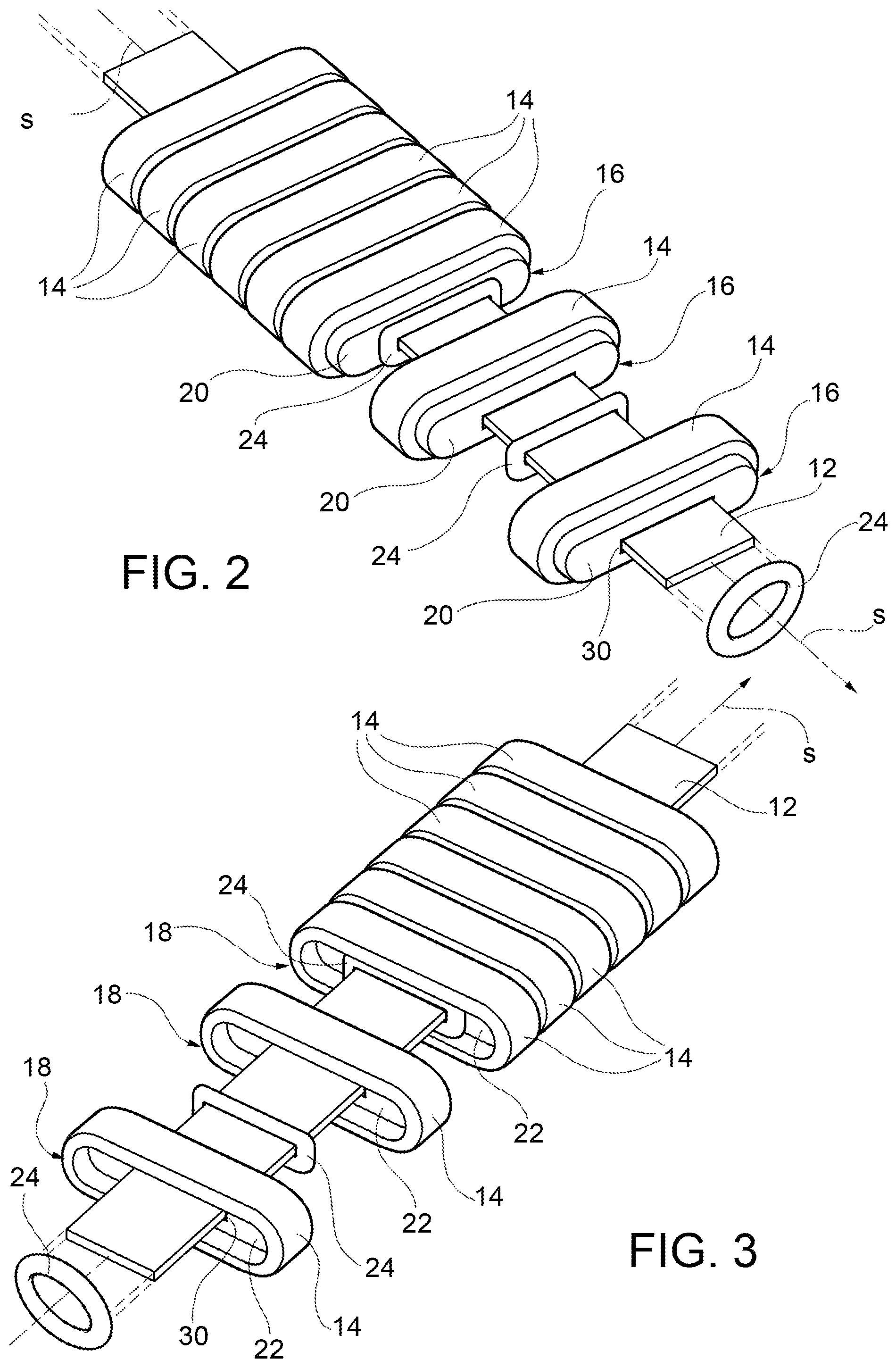 Patent US12376656 Figure 2 – Article of jewelry or costume jewelry comprising a plurality of ornamental elements coupled two by two with at least one shock-absorbing spacer element arranged therebetween