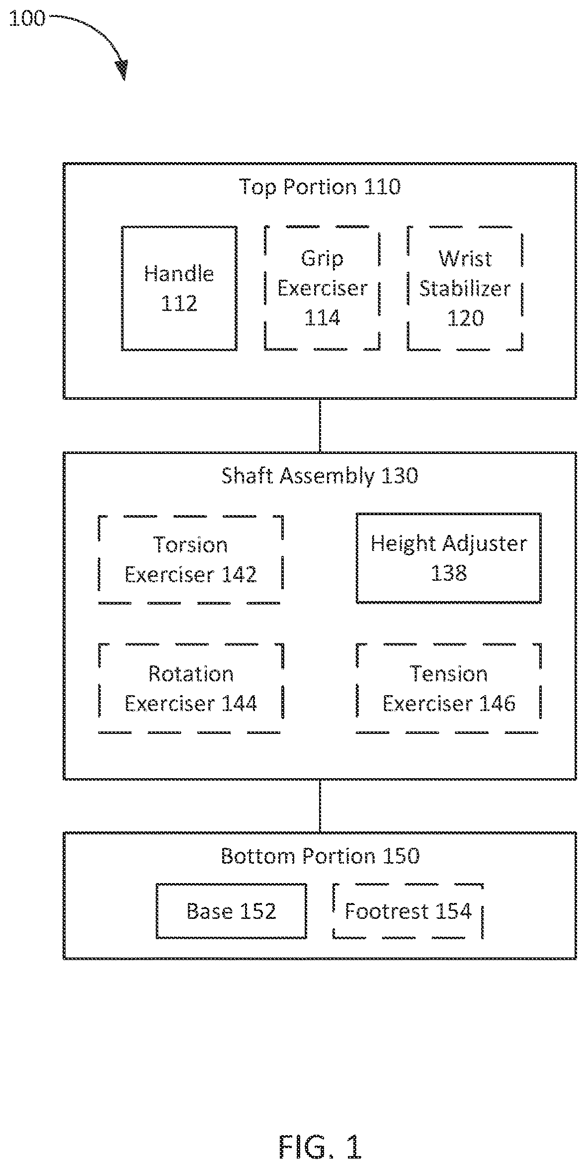Patent US12376657 Figure 1 – Mobility assist device including exercising components, and systems and methods thereof