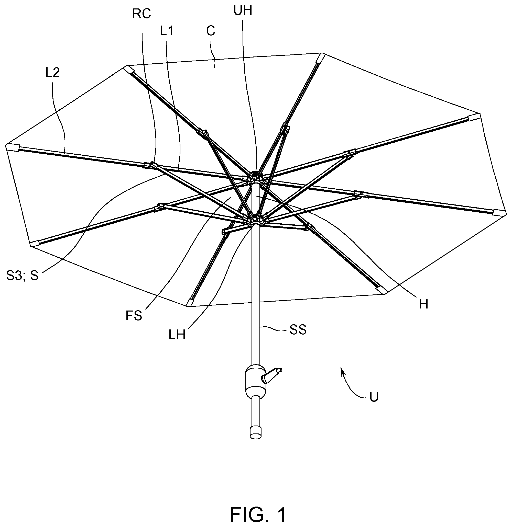 Patent US12376658 Figure 1 – Collapsible umbrella with quick connect rib sections