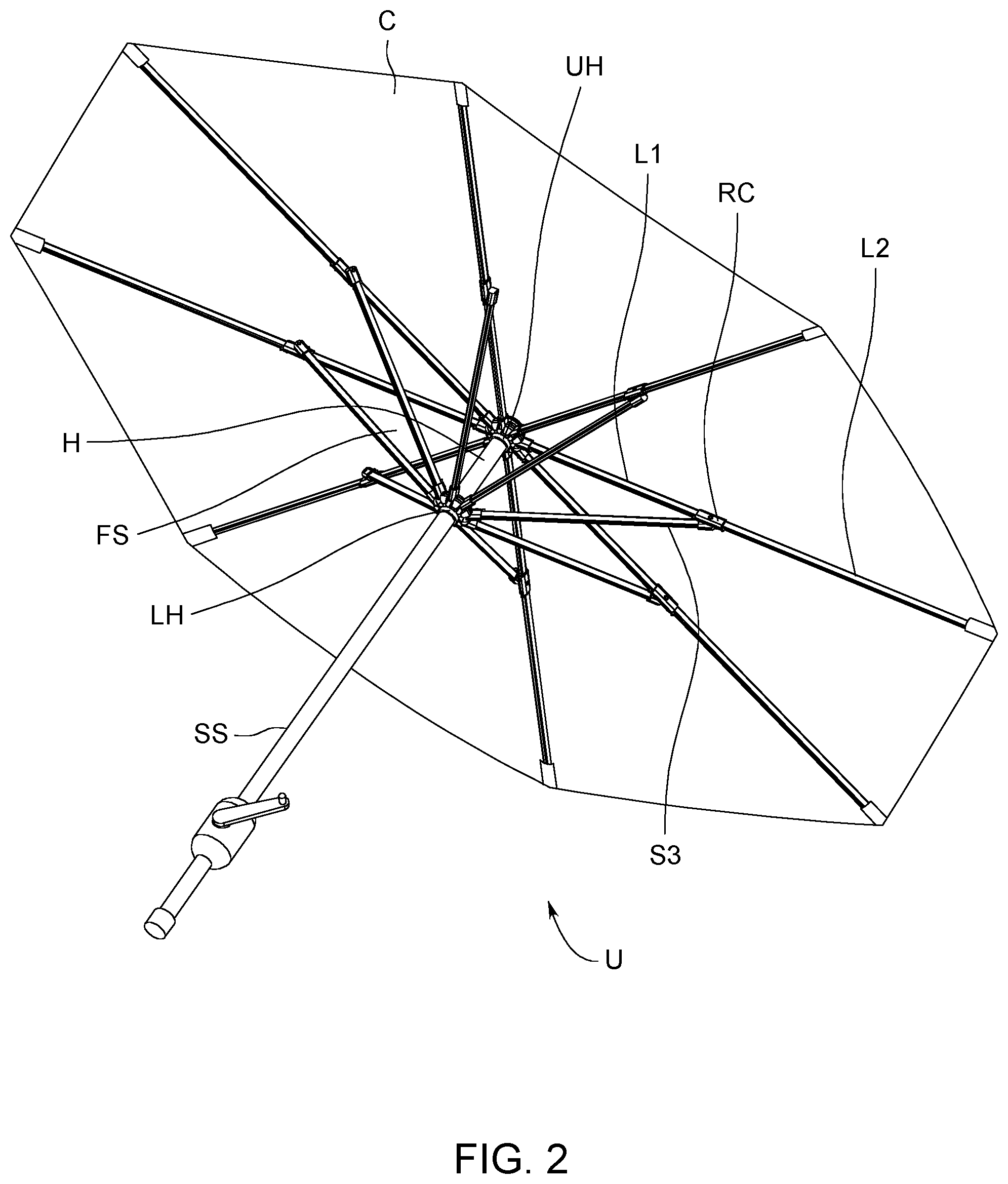 Patent US12376658 Figure 2 – Collapsible umbrella with quick connect rib sections