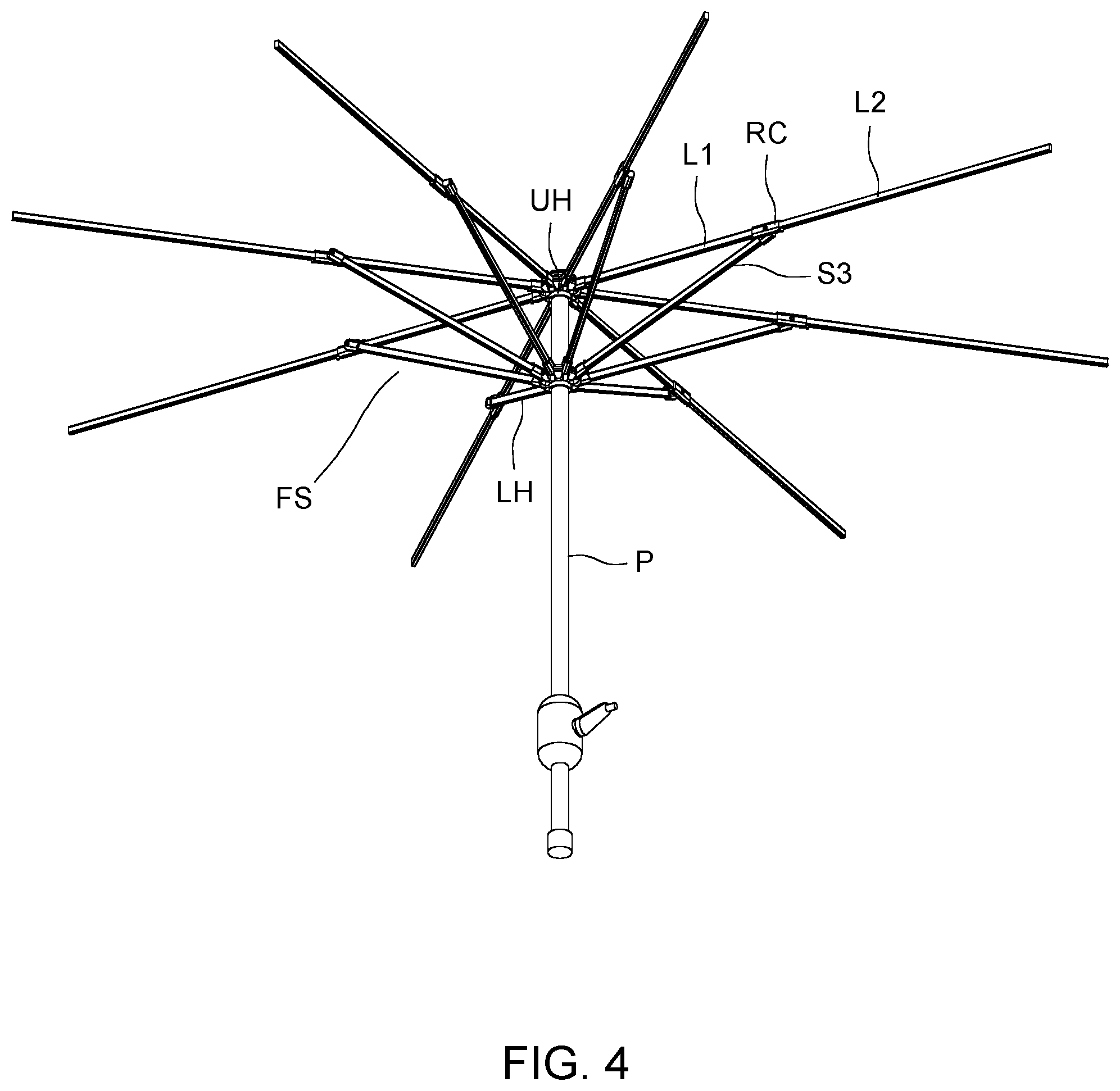 Patent US12376658 Figure 4 – Collapsible umbrella with quick connect rib sections
