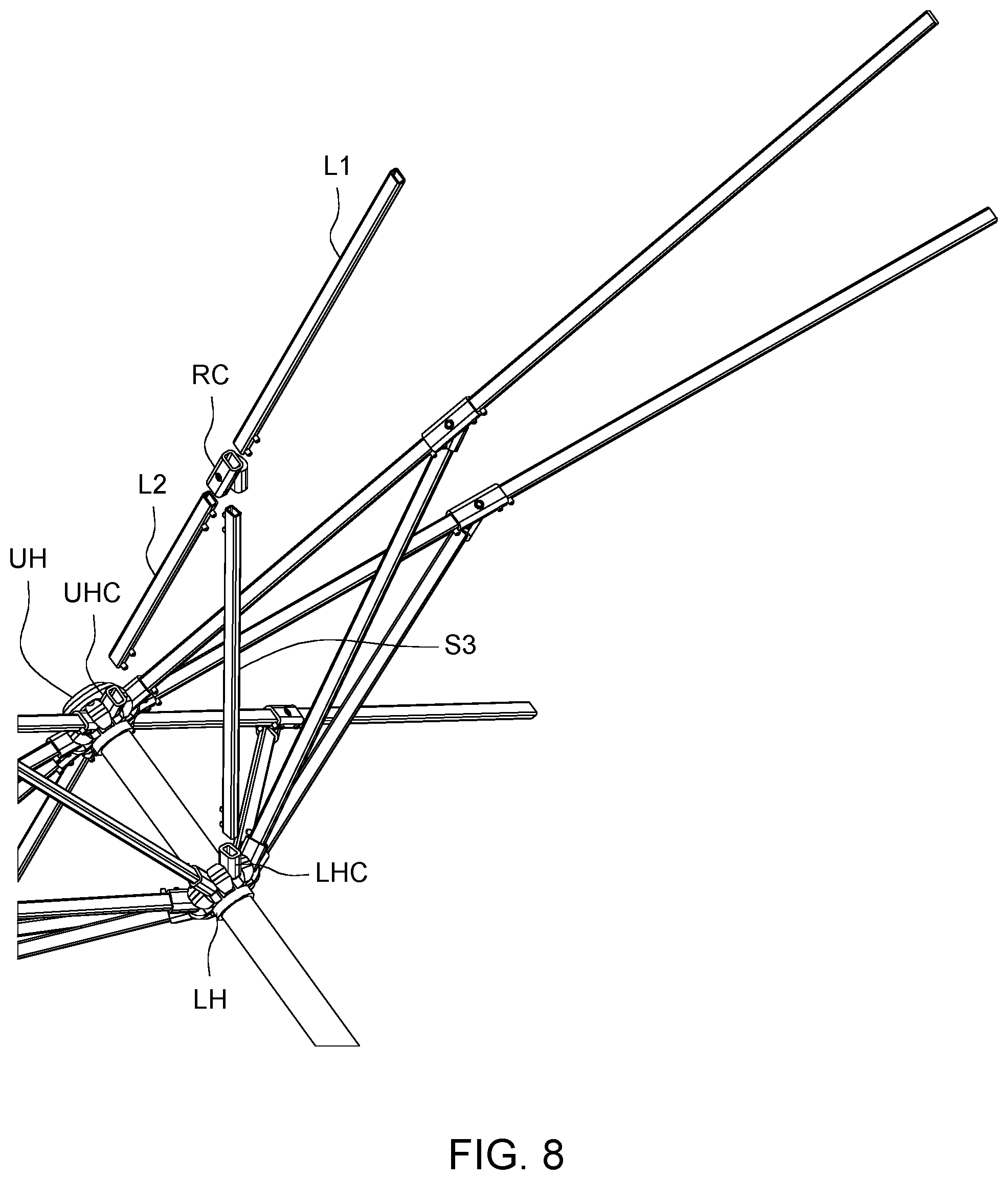 Patent US12376658 Figure 8 – Collapsible umbrella with quick connect rib sections