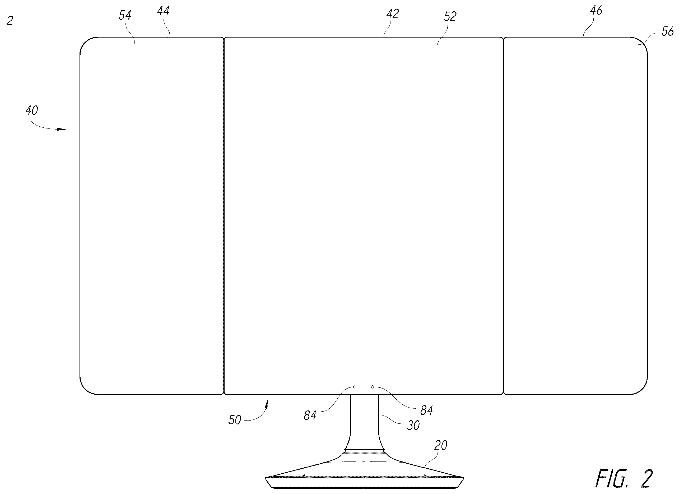 Patent US12376668 Figure 2 – Vanity mirror with second mirror assembly magnetically attached thereto