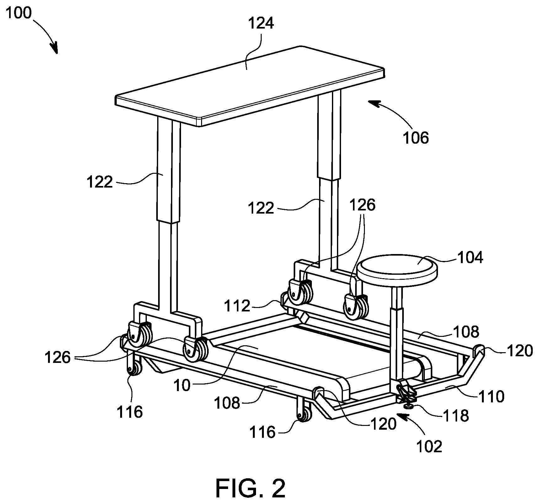 Patent US12376674 Figure 2 – Seat incorporated into desk platform