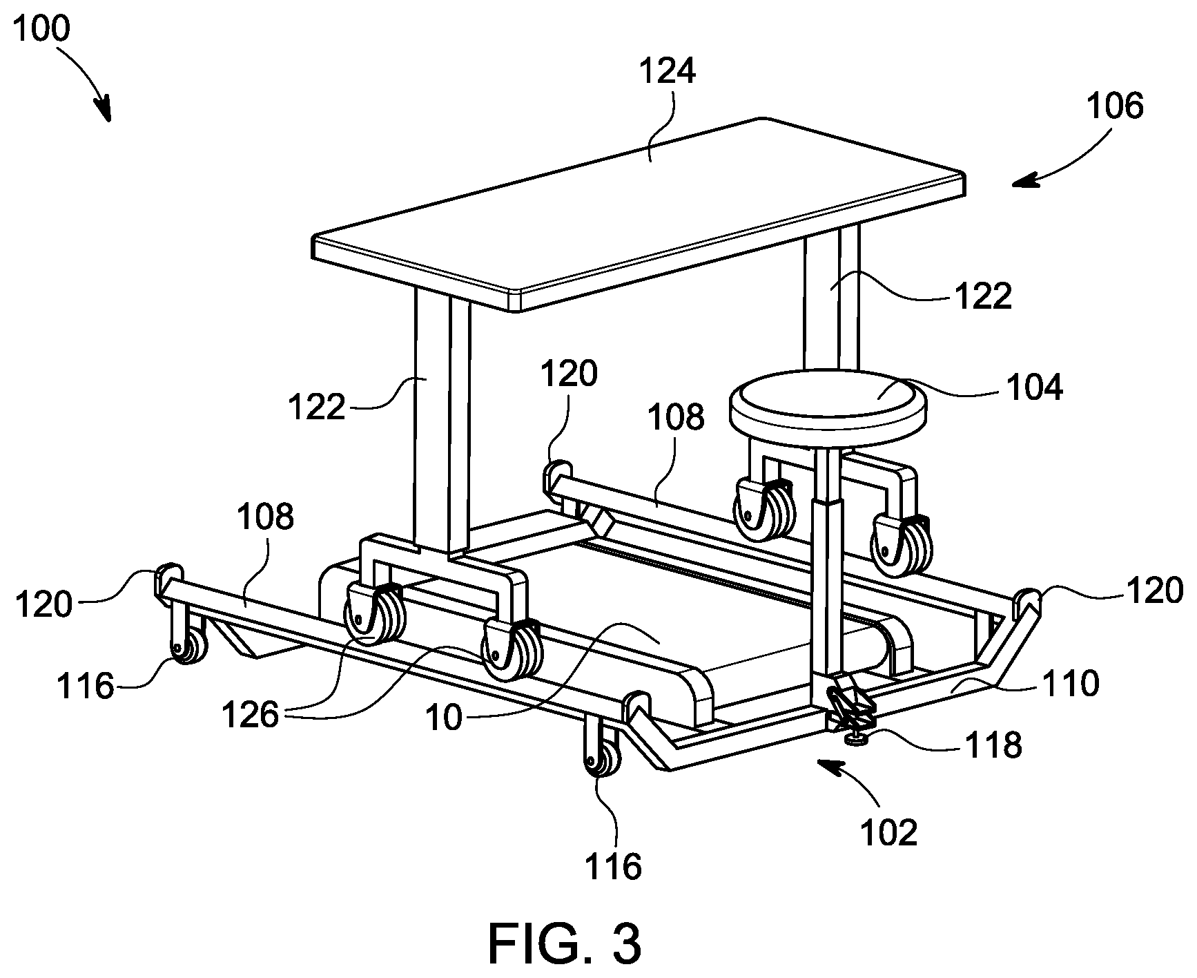 Patent US12376674 Figure 3 – Seat incorporated into desk platform