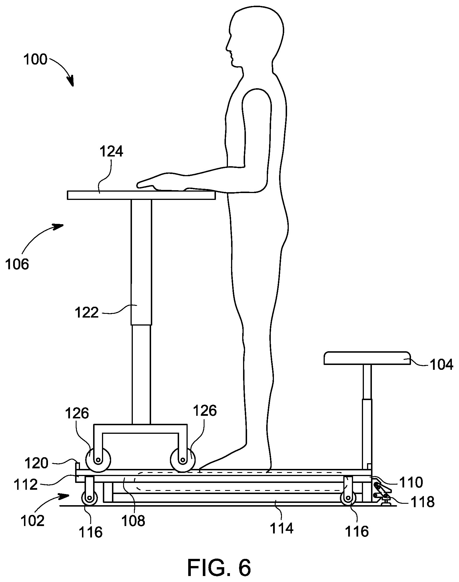 Patent US12376674 Figure 6 – Seat incorporated into desk platform