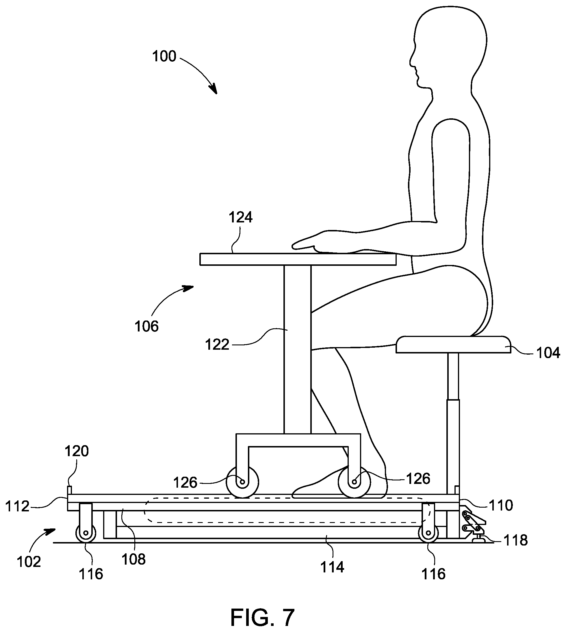 Patent US12376674 Figure 7 – Seat incorporated into desk platform