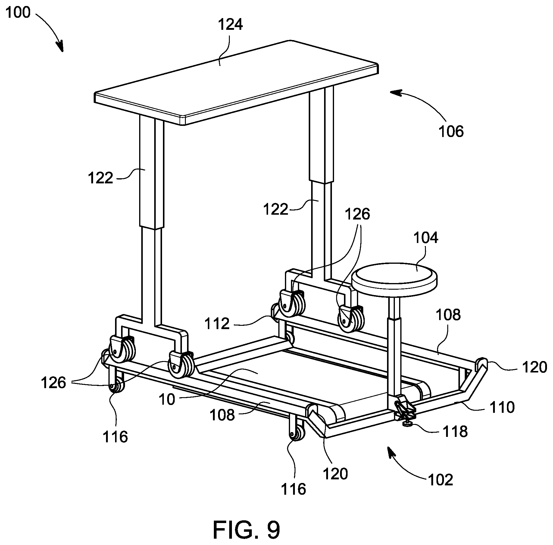 Patent US12376674 Figure 9 – Seat incorporated into desk platform