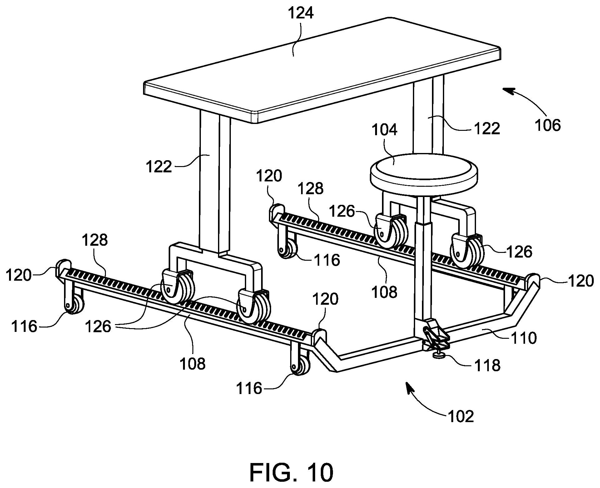 Patent US12376674 Figure 10 – Seat incorporated into desk platform