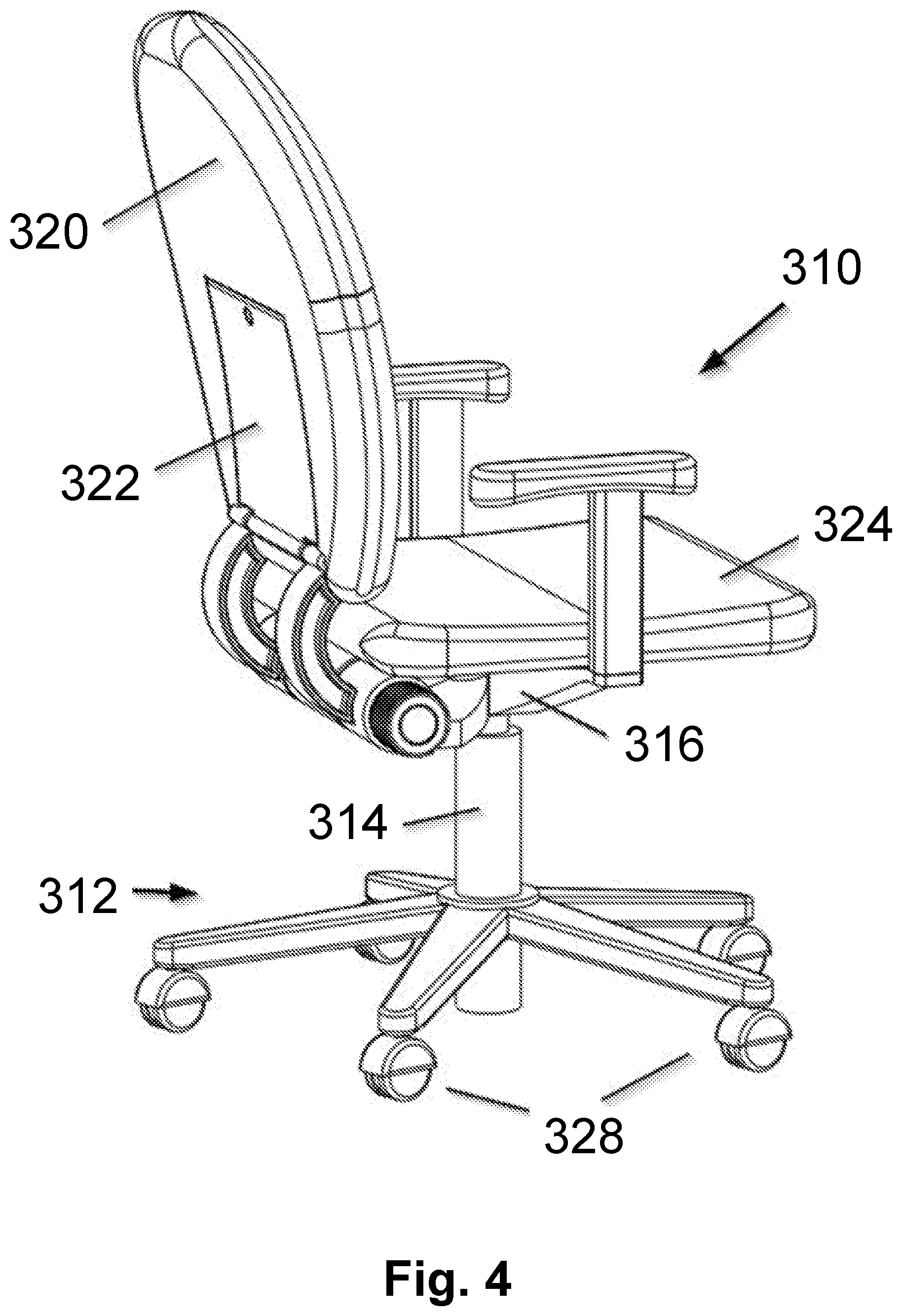 Patent US12376677 Figure 4 – Ergonomic seating system, tilt-lock control and remote powering method and apparatus