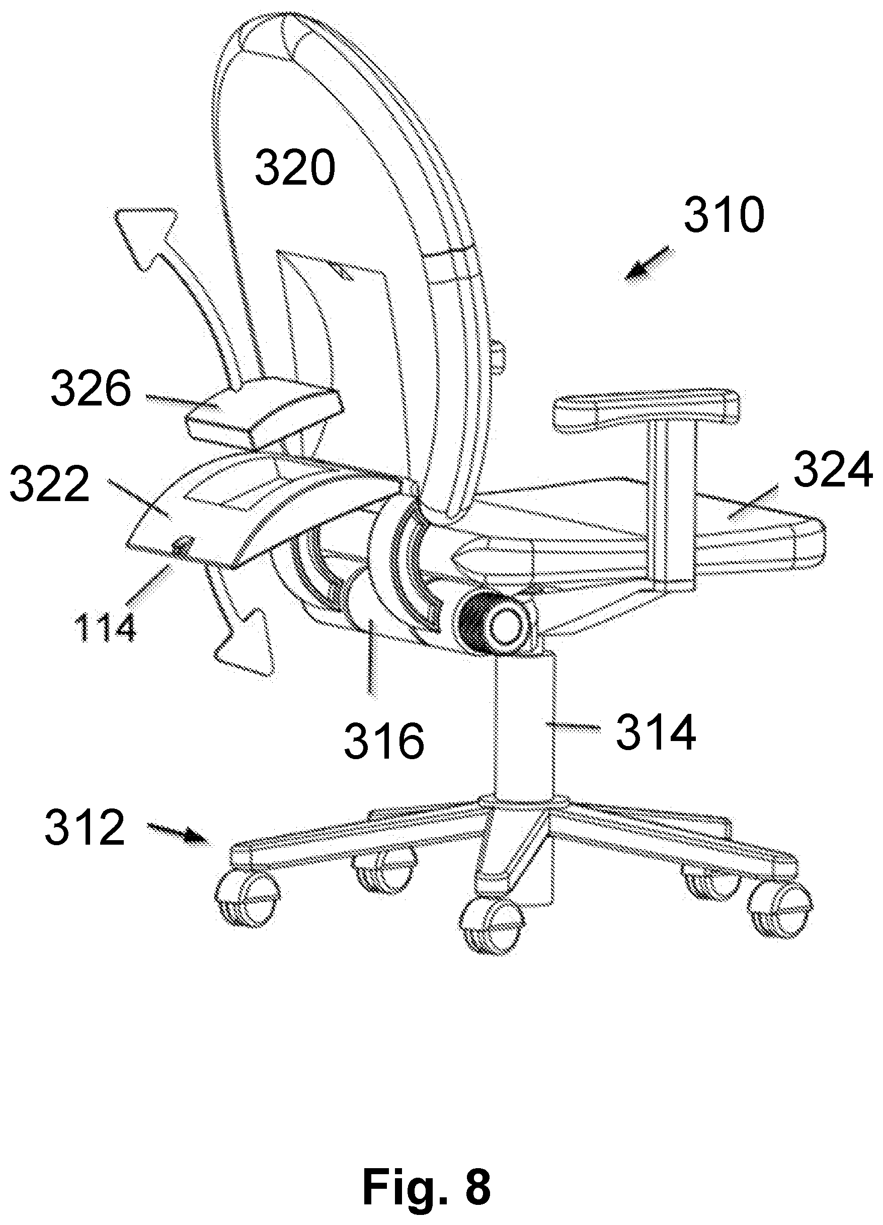 Patent US12376677 Figure 8 – Ergonomic seating system, tilt-lock control and remote powering method and apparatus
