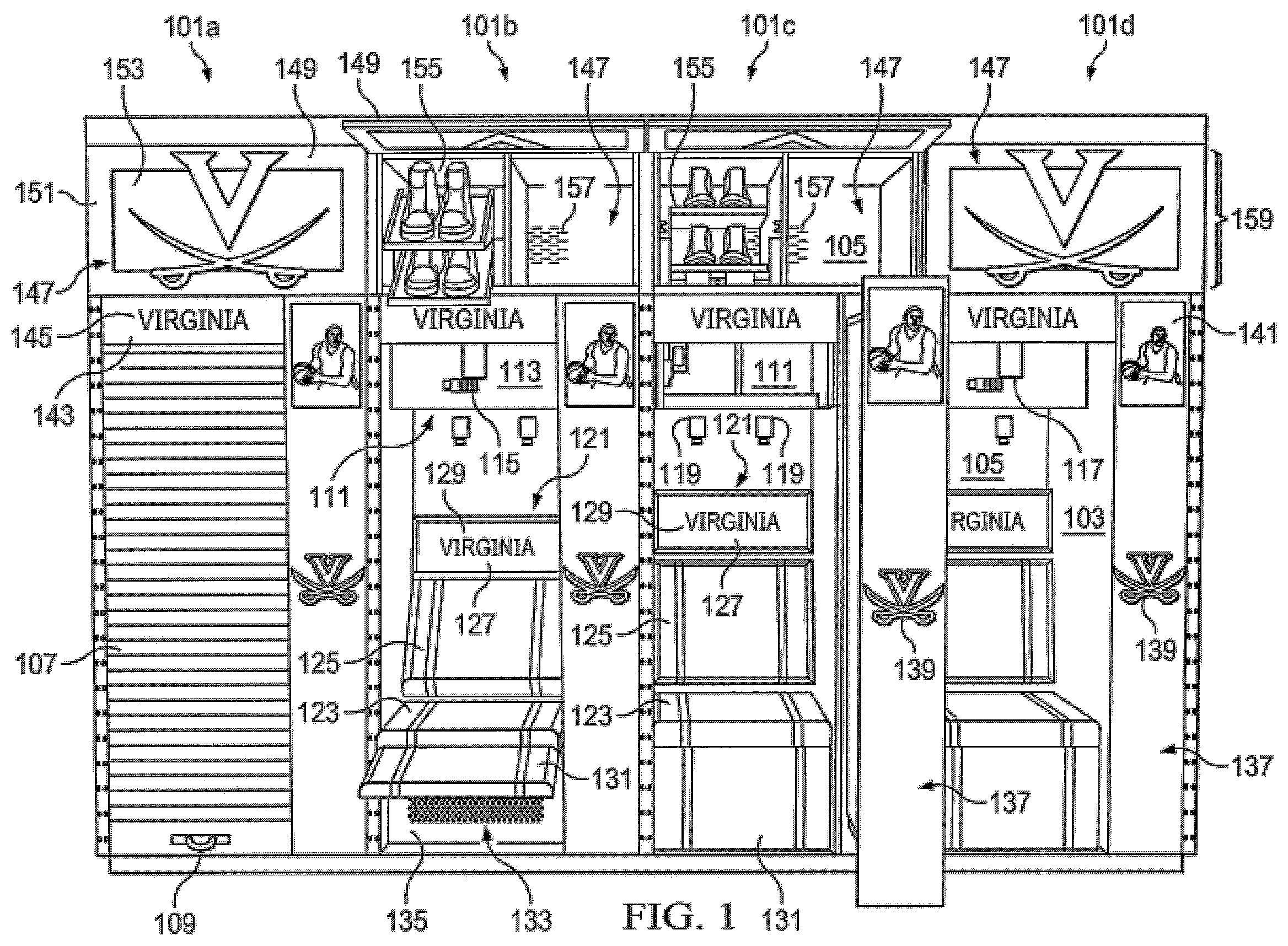 Patent US12376678 Figure 1 – Locker with reclining seat and roll-up door
