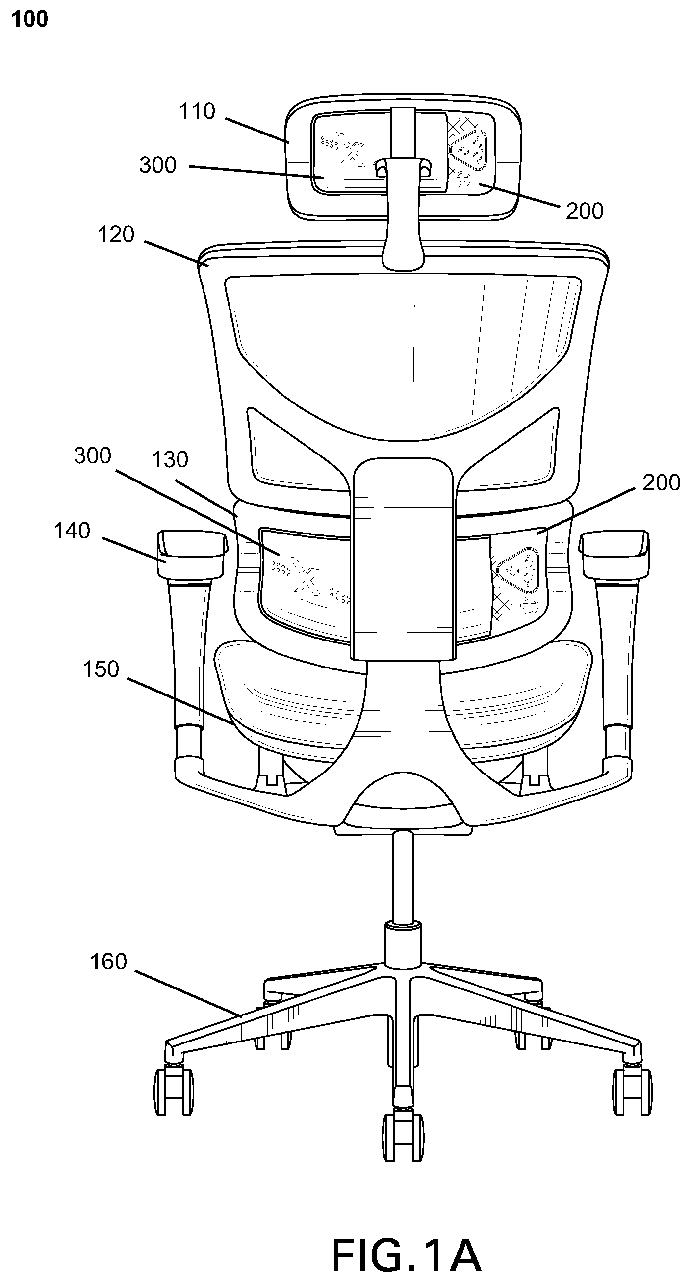 Patent US12376681 Figure 1 – Chair assemblies, systems, and apparatuses having integrated technologies, and related methods