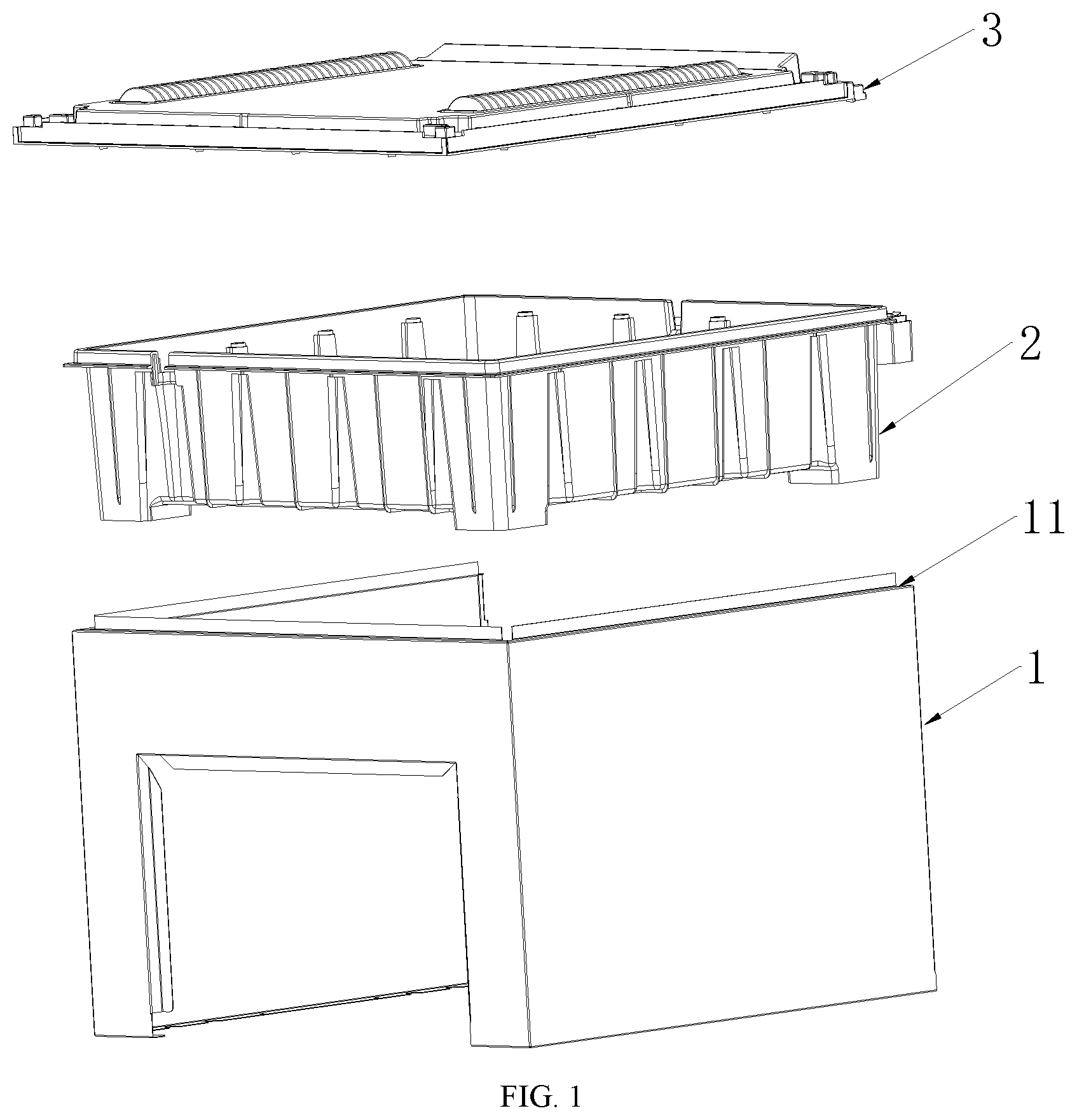 Patent US12376690 Figure 1 – Evaporator base pan assembly of an air-cooled display cabinet
